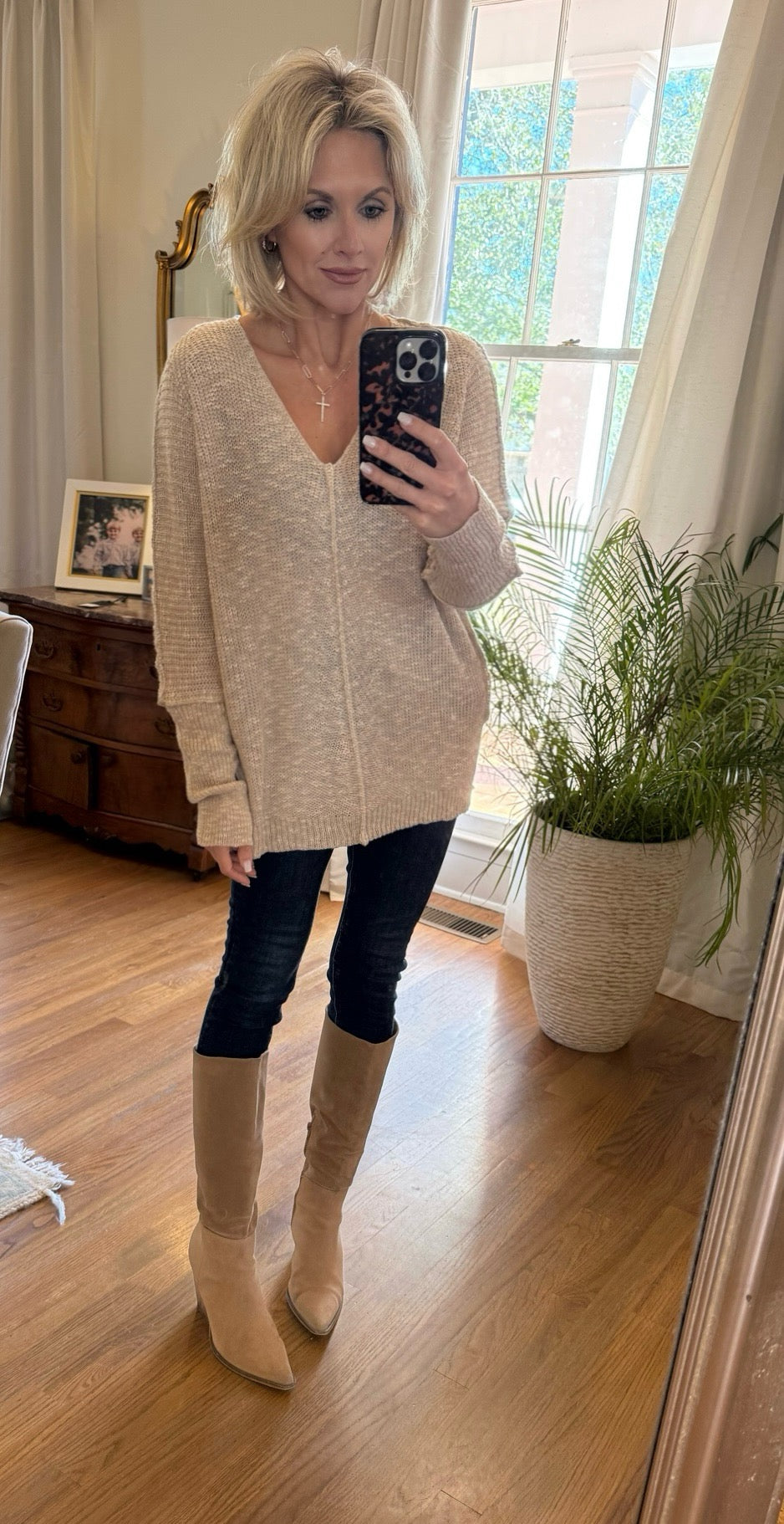 Oatmeal V-Neck Knit Sweater