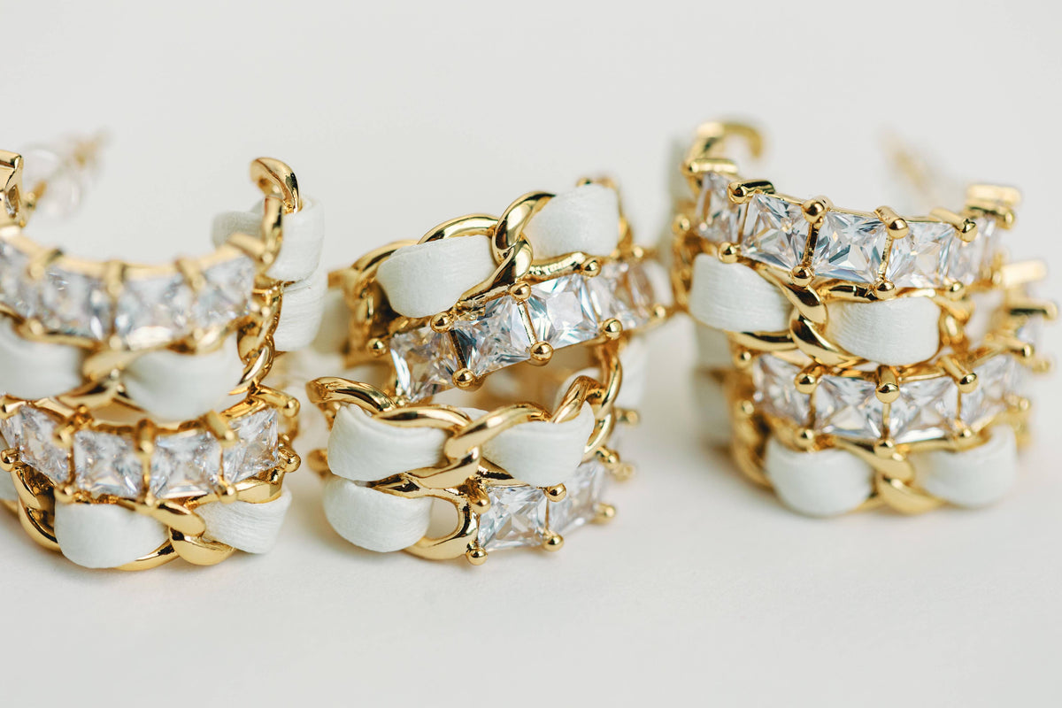 Ivory Vintage Chain Wrapped Leather Statement Hoop Earrings