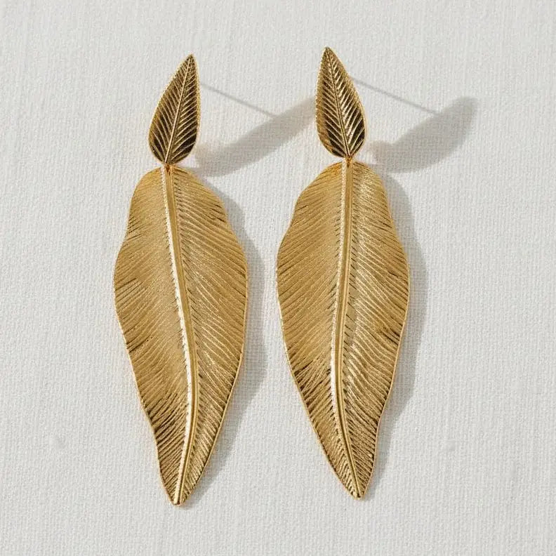 Gold Feather Leaf Drop Earrings