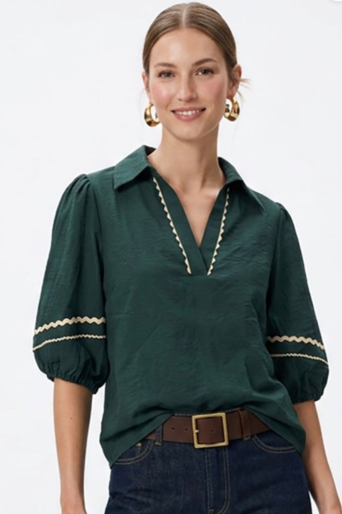 Green Linen Puff Sleeve Blouse
