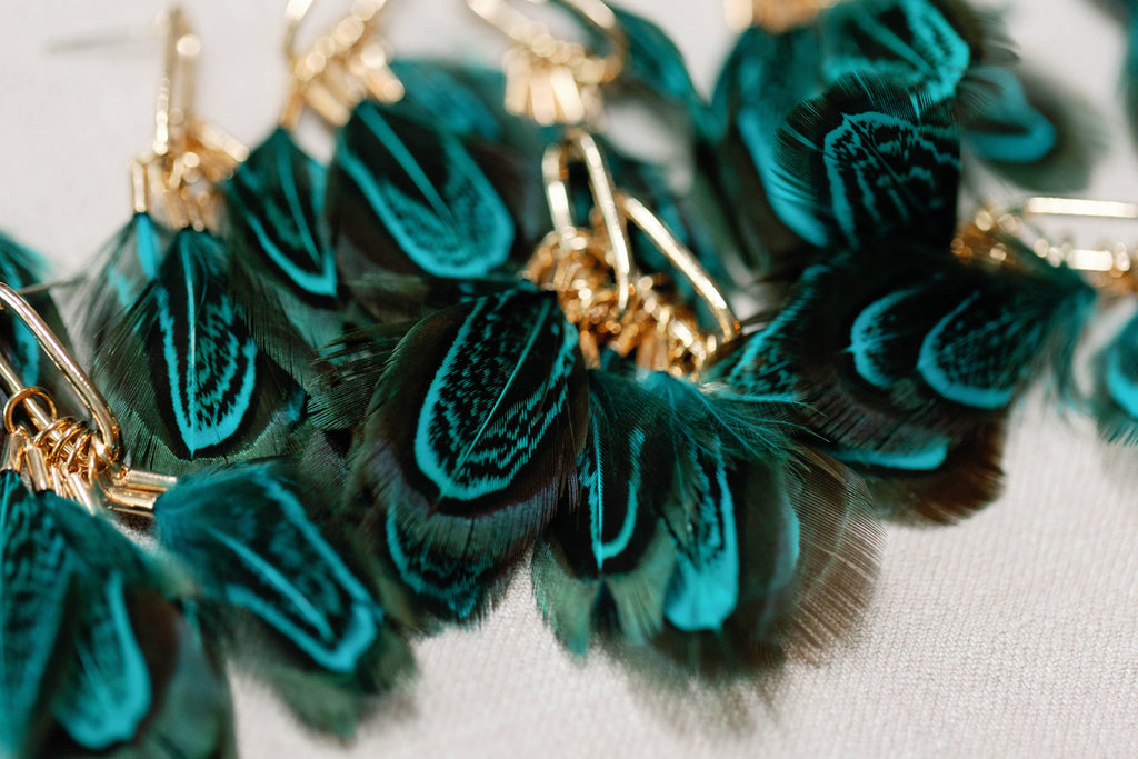 Emerald Peacock Feather Fall Statement Tassel Earrings