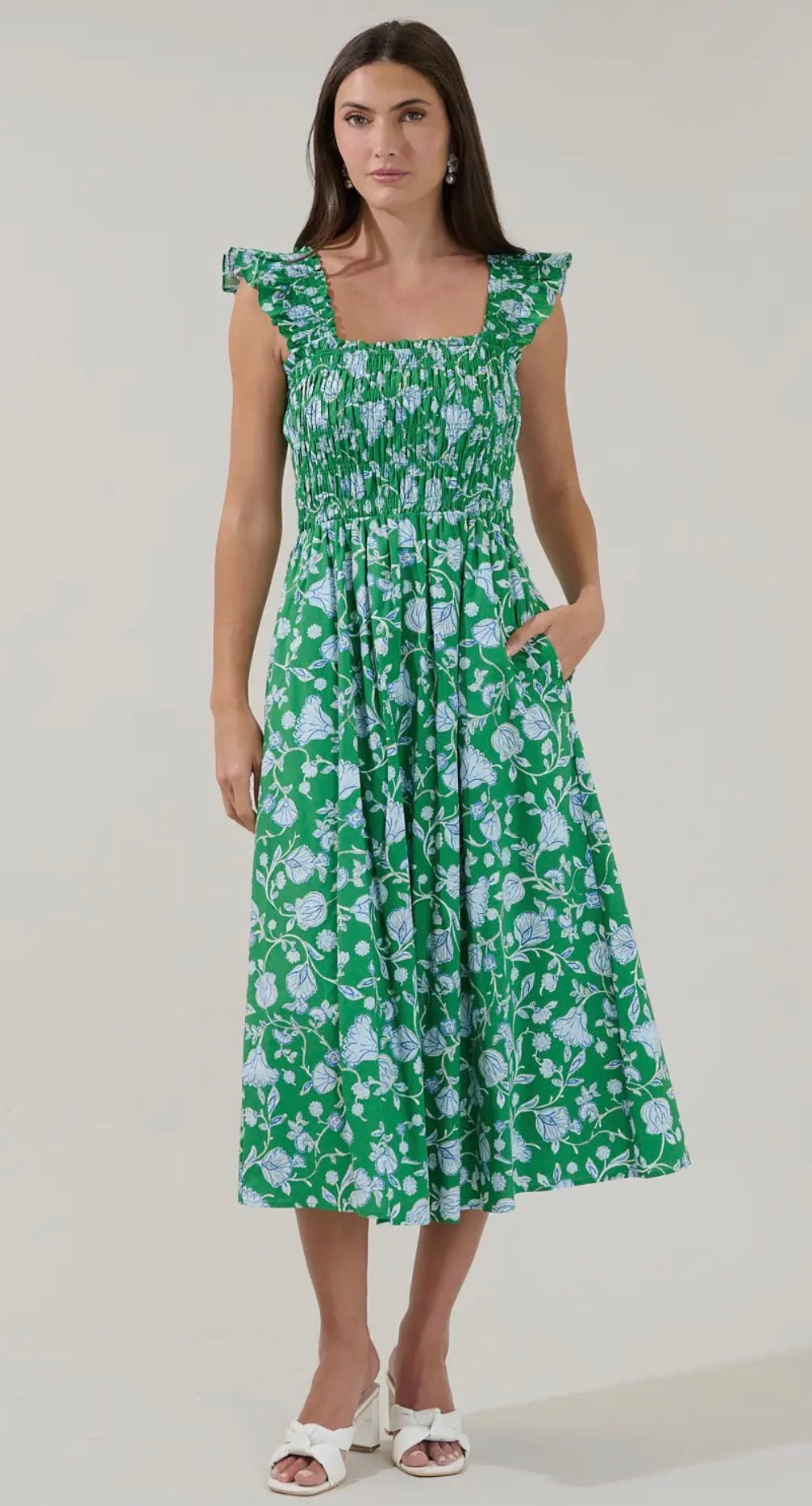 Kelly green and powder blue print dress