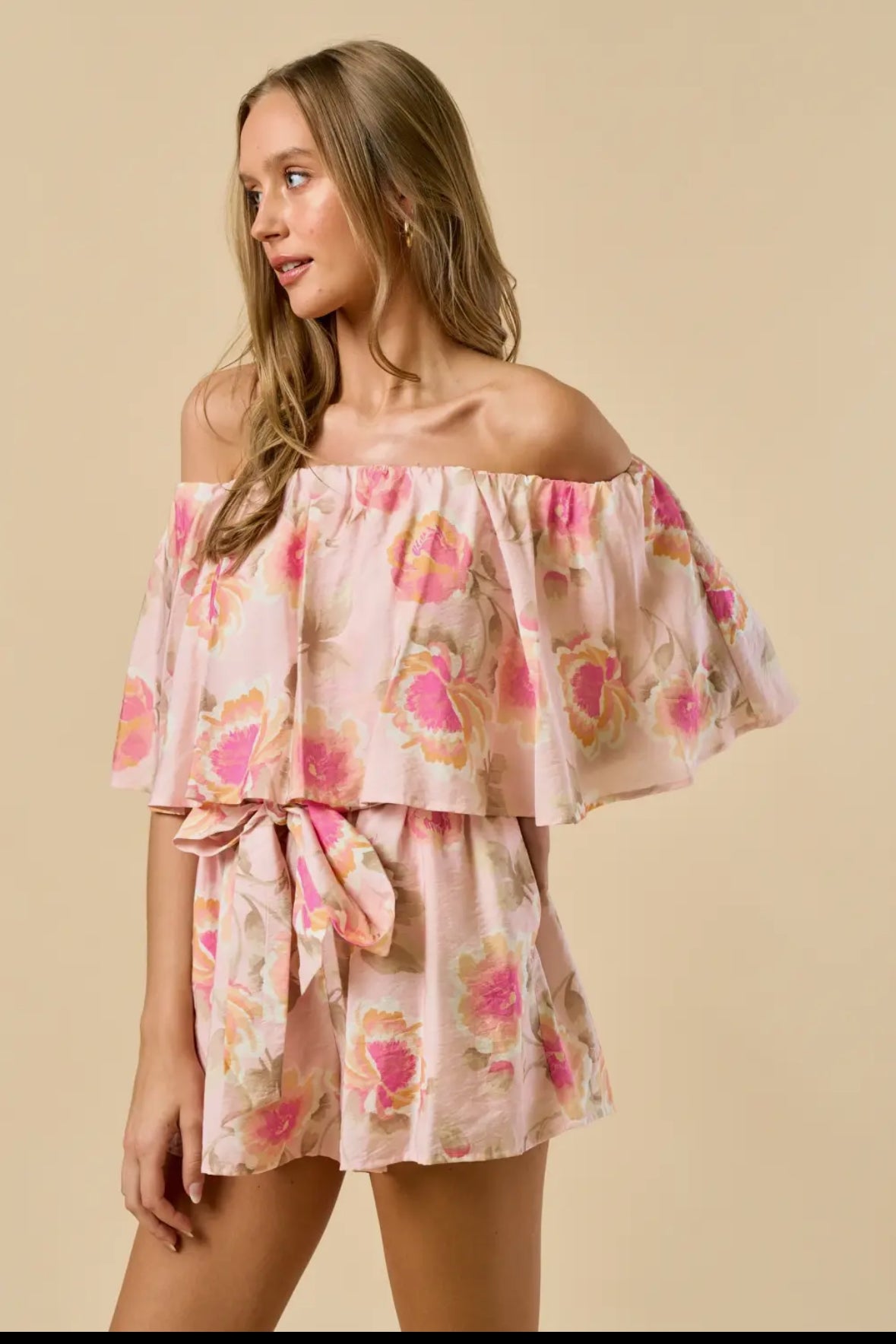 Pink Floral Off Shoulder Romper