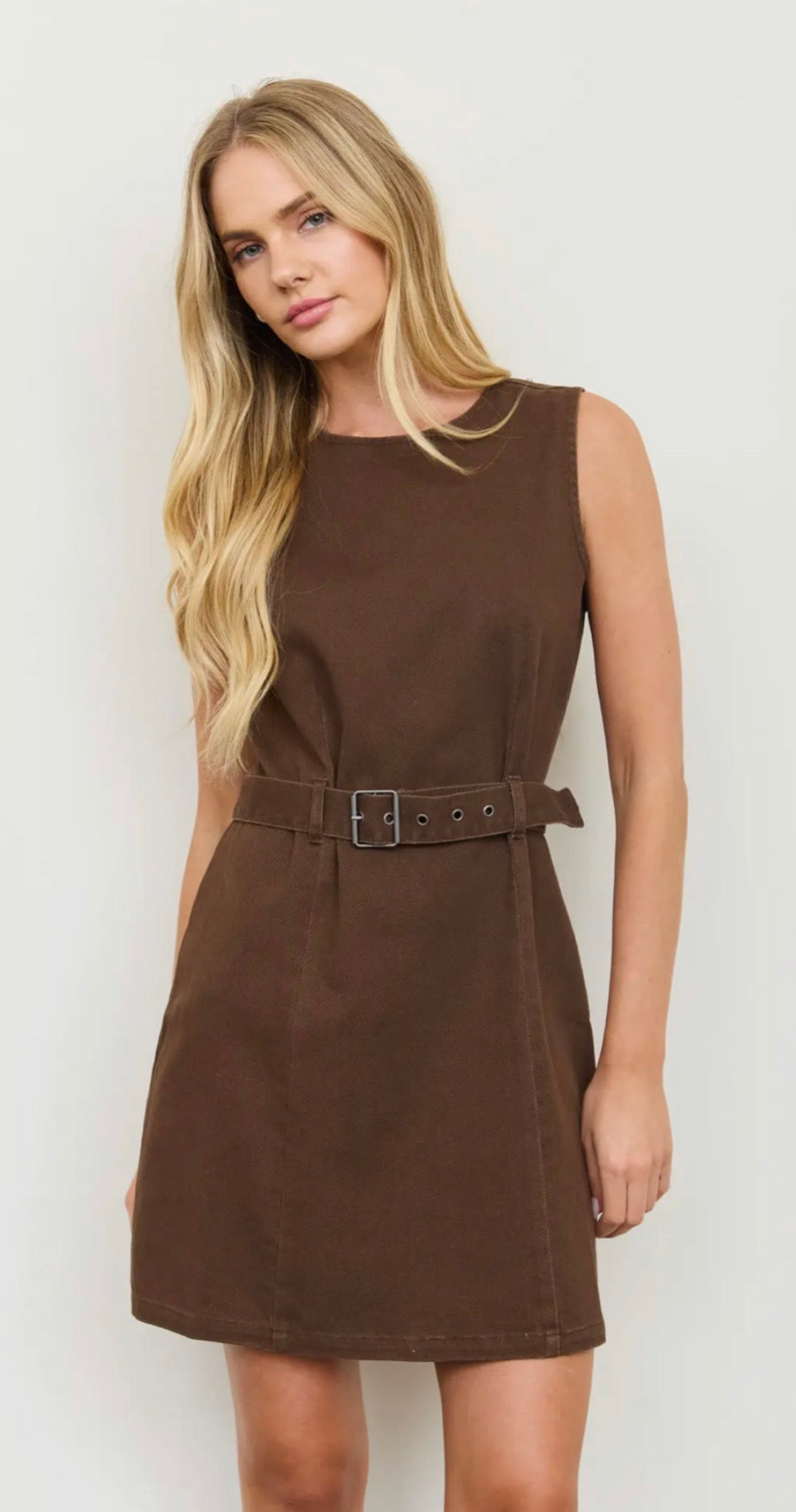 Brown Belted Jean Dress