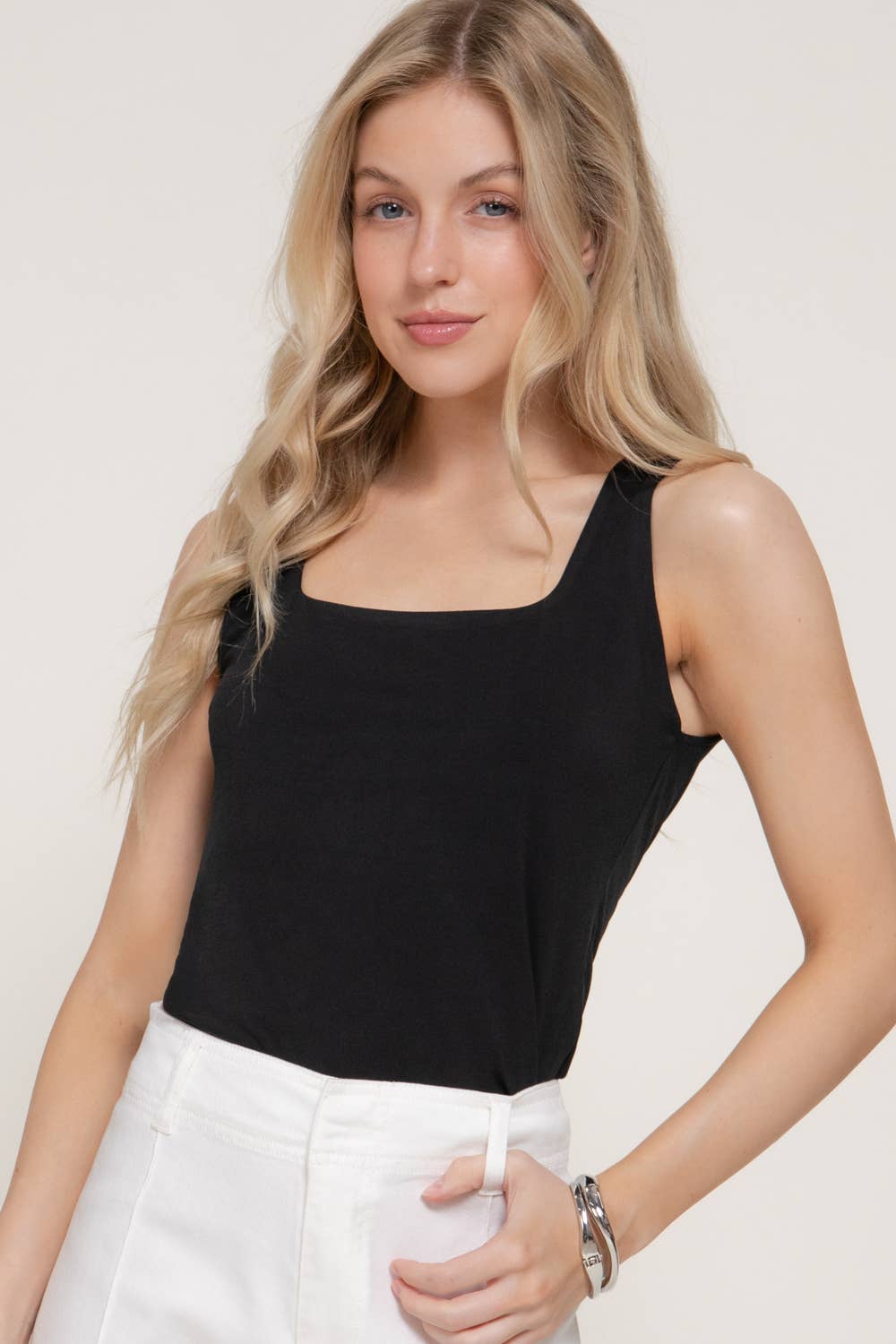 Black Sleeveless Square Neck Double Layer Knit Top