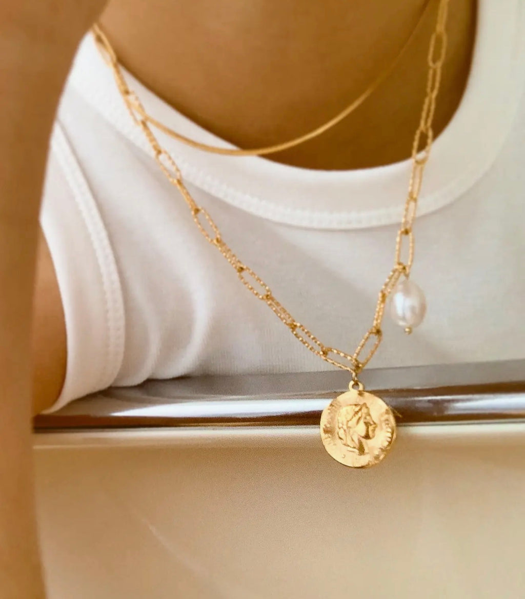 Gold coin and pearl necklace