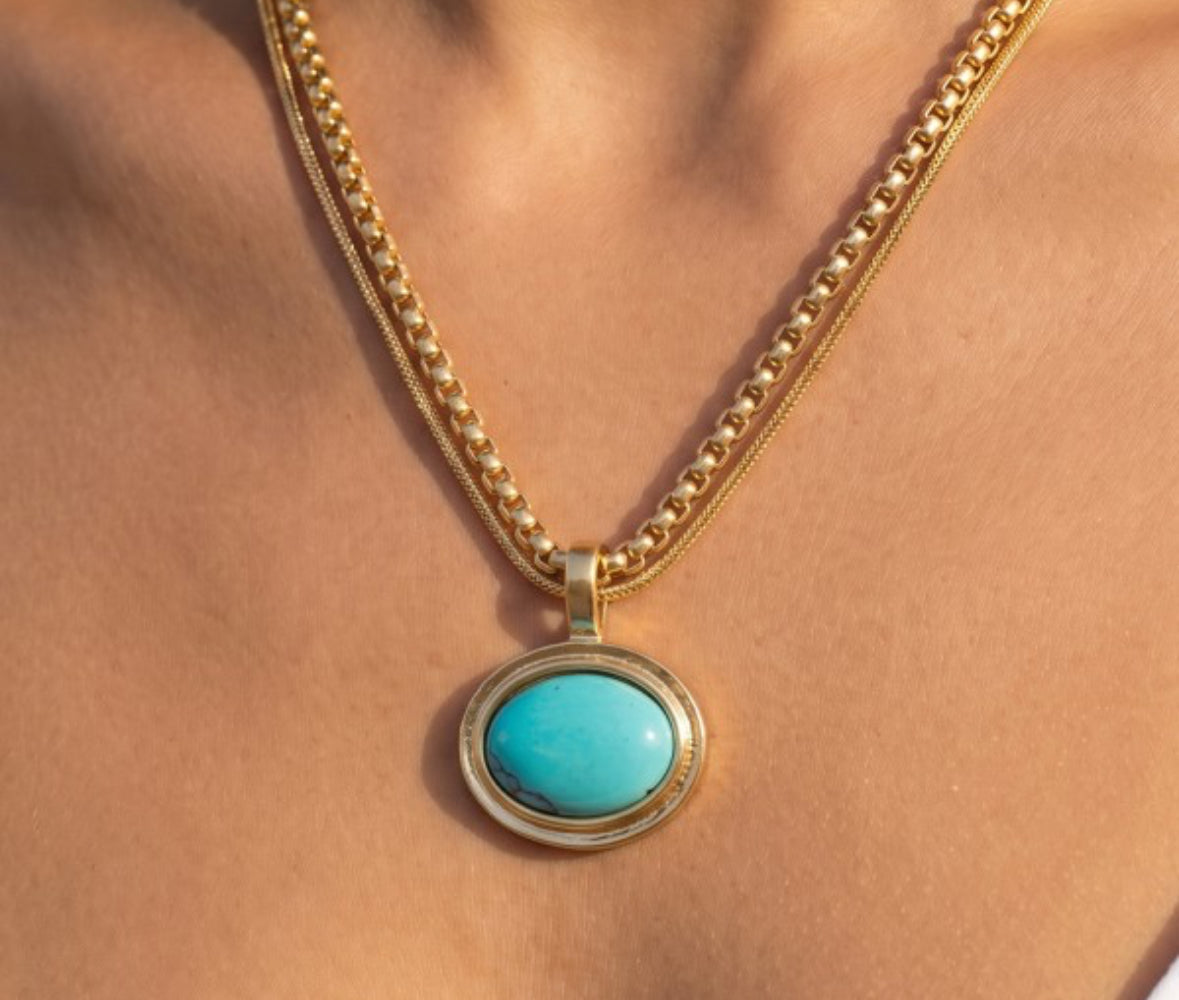 Turquoise Oval Stone Double Strand Necklace