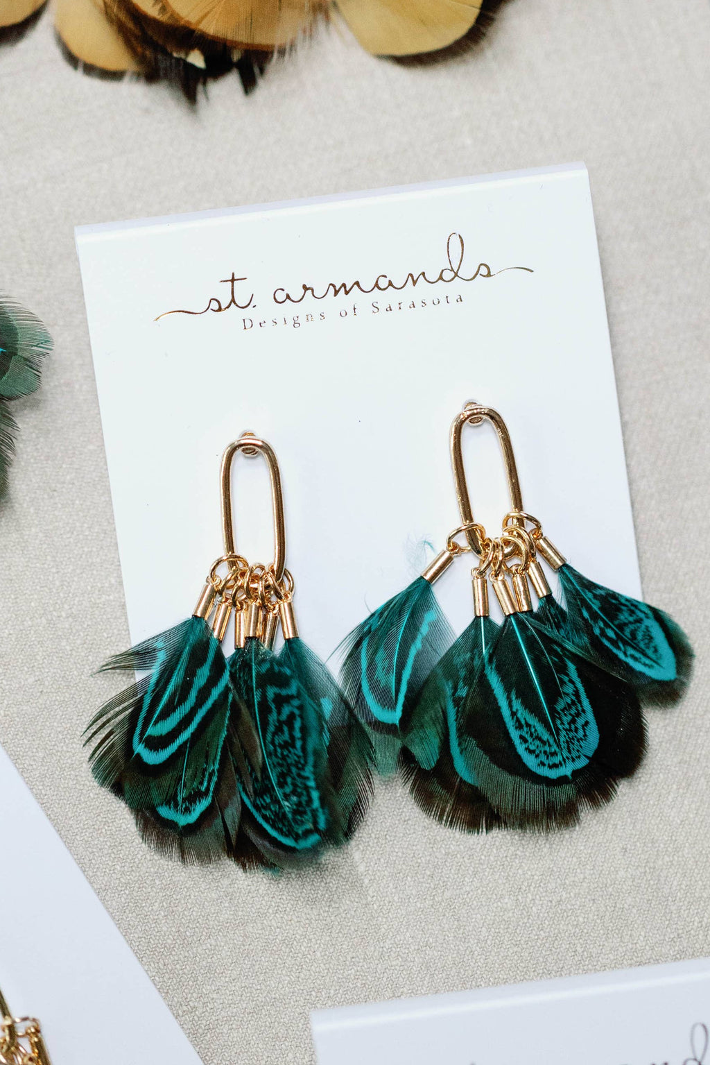 Emerald Peacock Feather Fall Statement Tassel Earrings