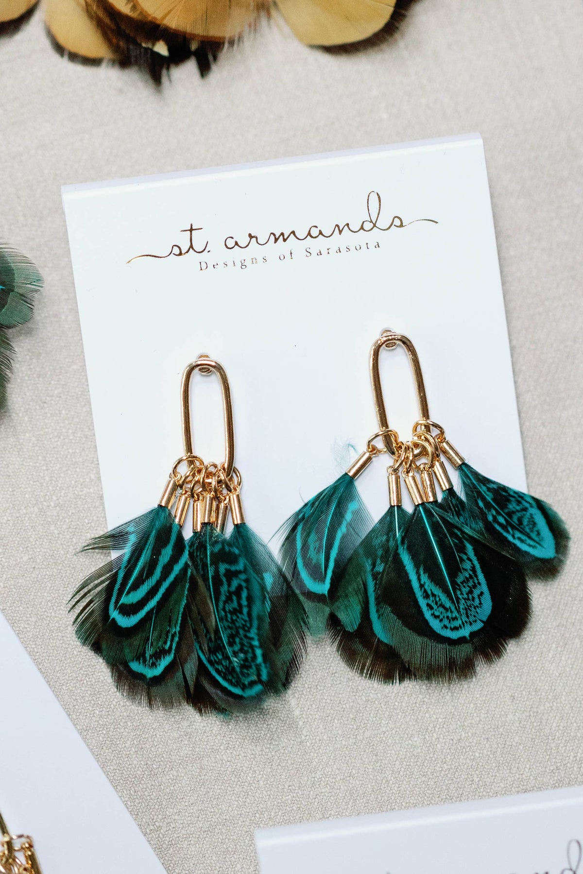 Emerald Peacock Feather Fall Statement Tassel Earrings