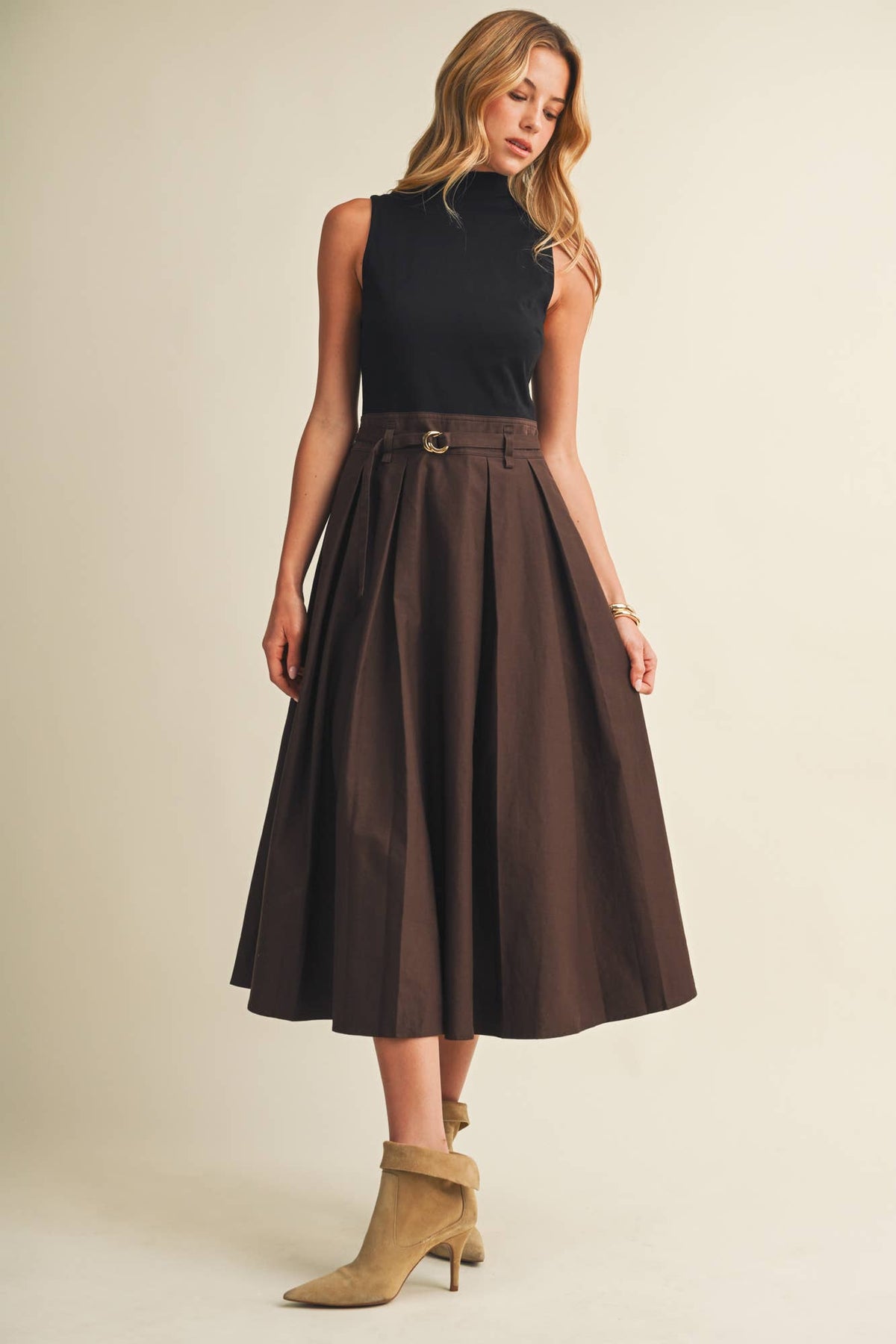Belted Two-Tone Pleated Dress