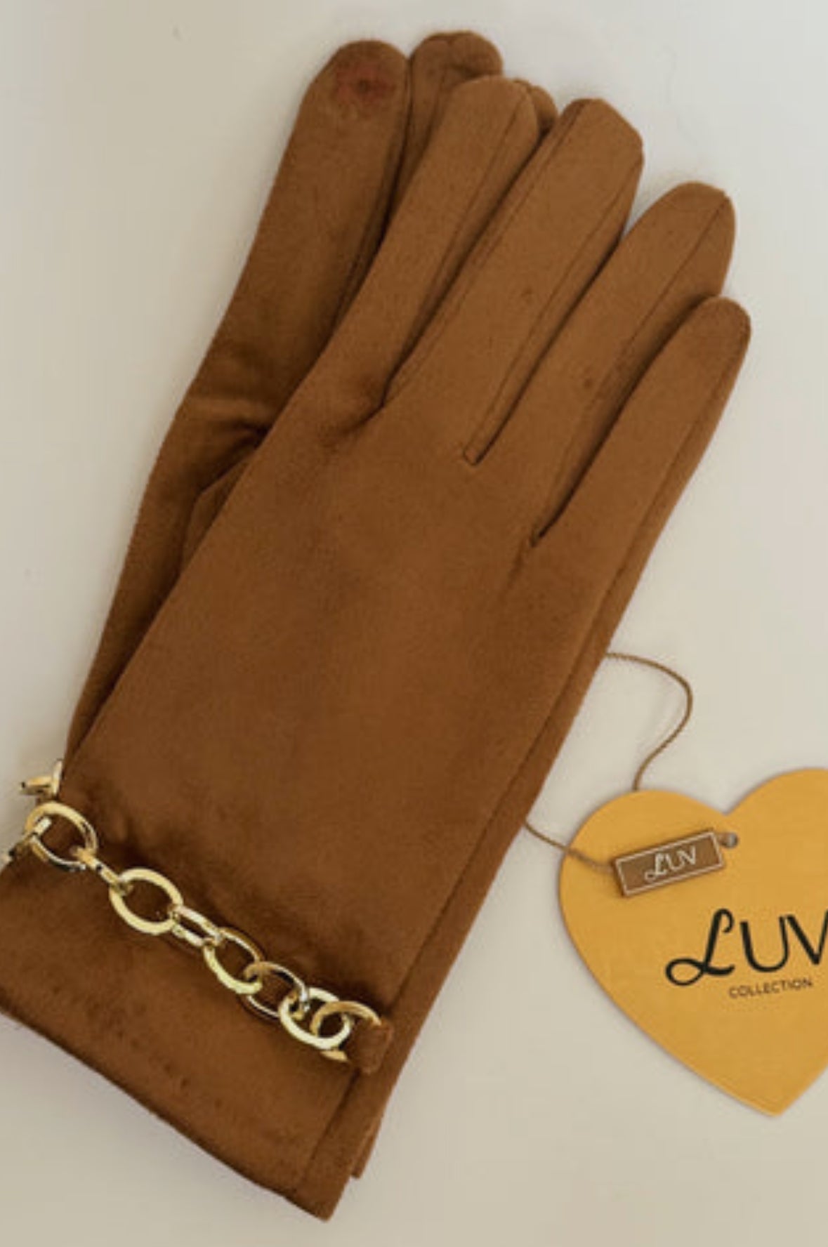 Camel Suede Gloves with Gold Chain