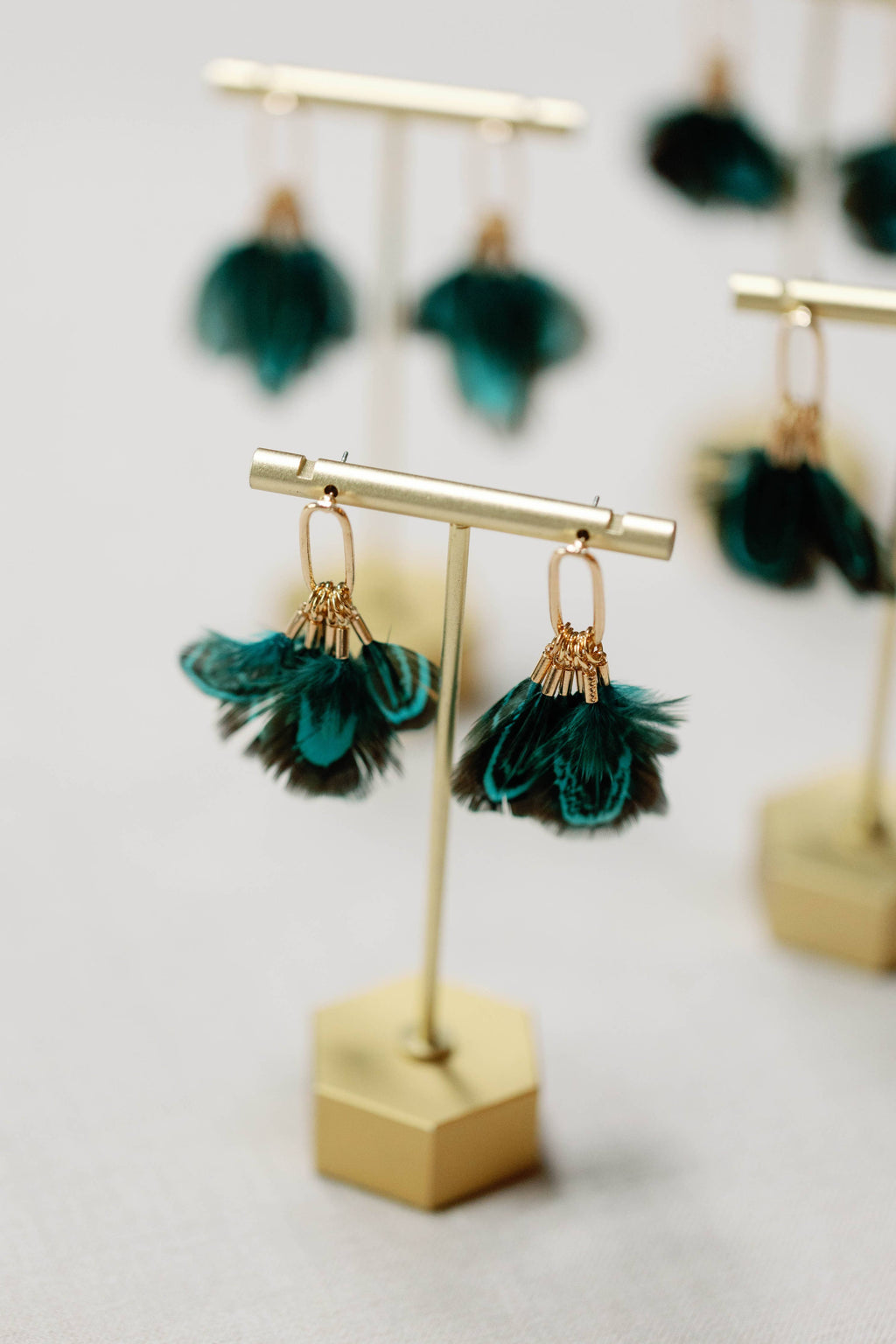 Emerald Peacock Feather Fall Statement Tassel Earrings