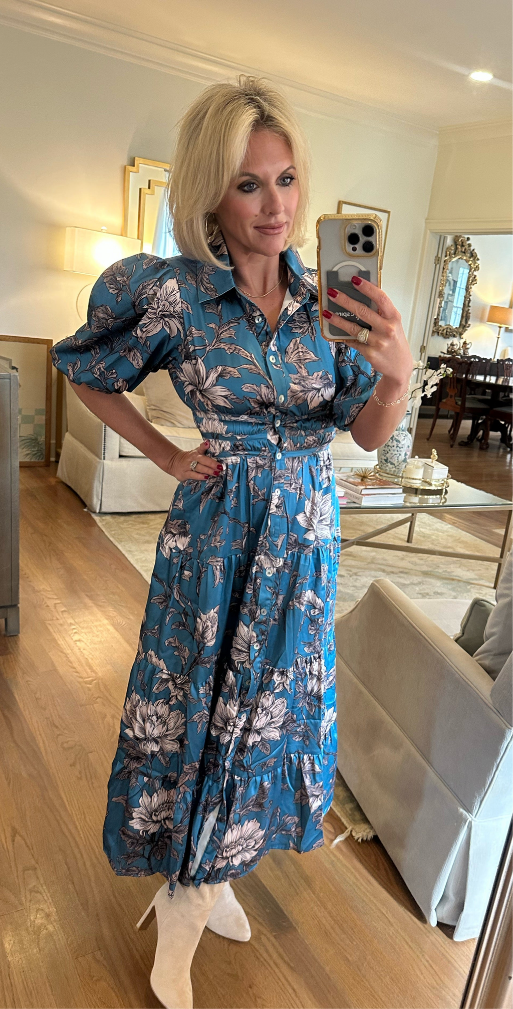 Blue Floral Print Midi Dress