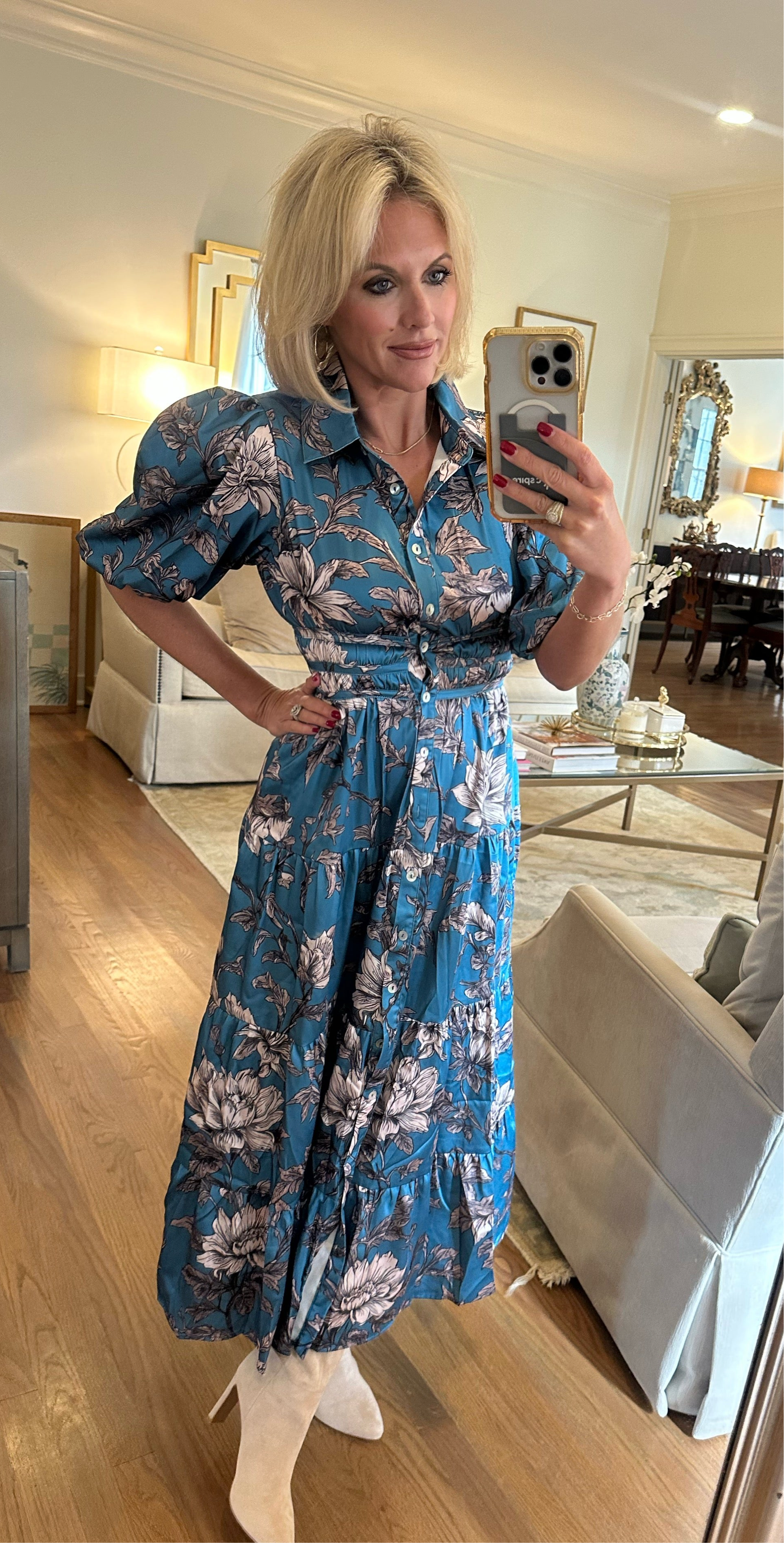 Blue Floral Print Midi Dress