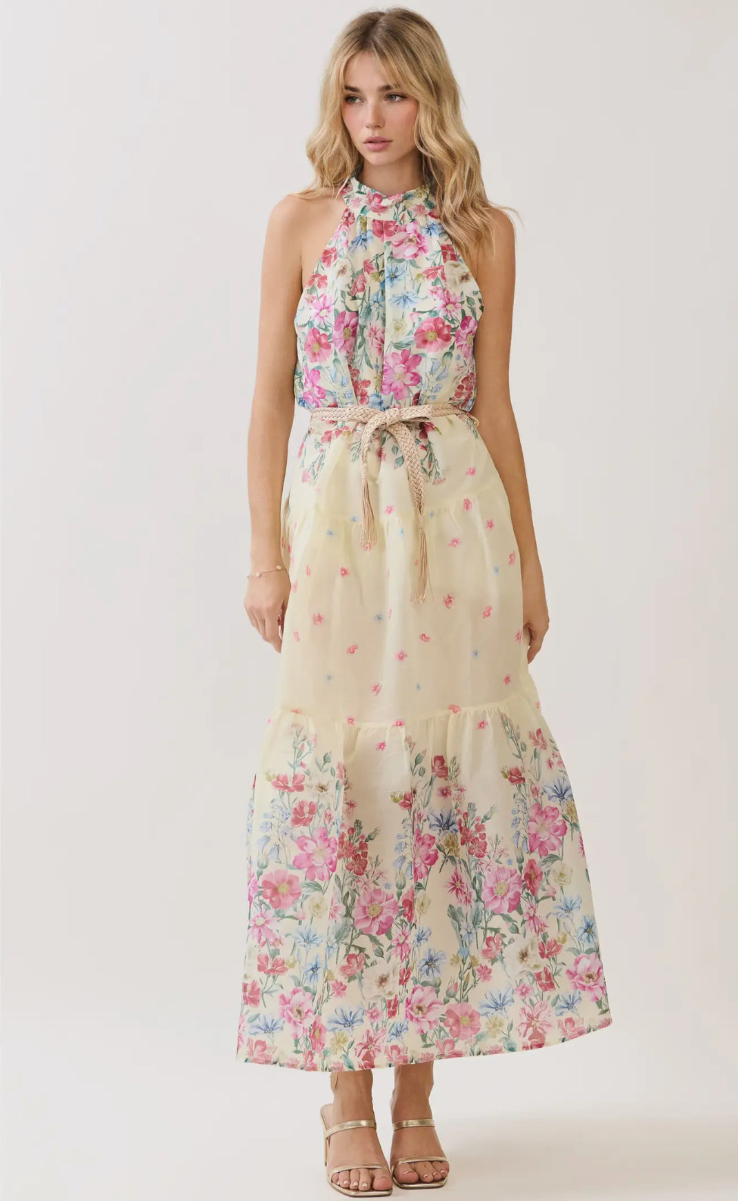 Cream Floral Print Halter Dress
