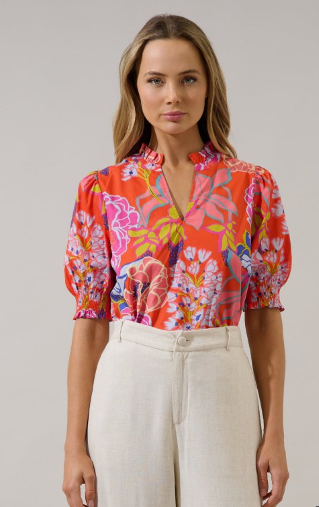 Orange Floral Reign Split Neck Top