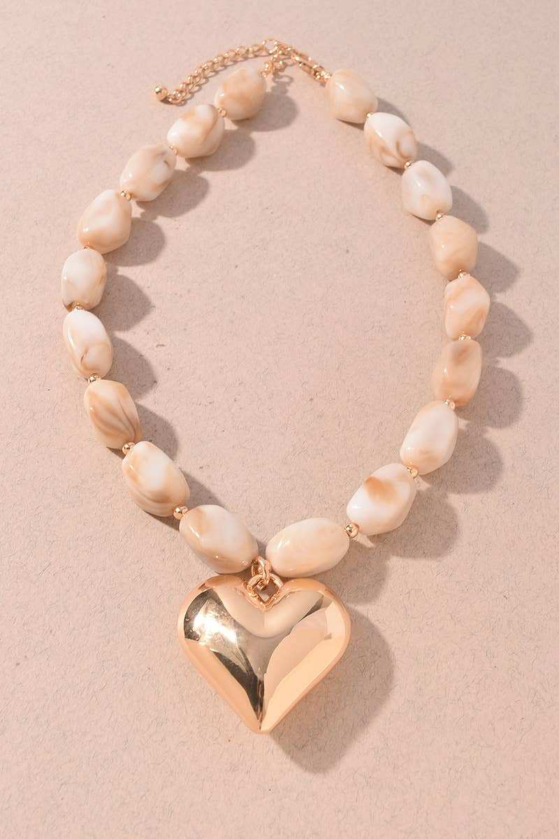 Marbled Resin Beaded Heart Pendant Statement Necklace