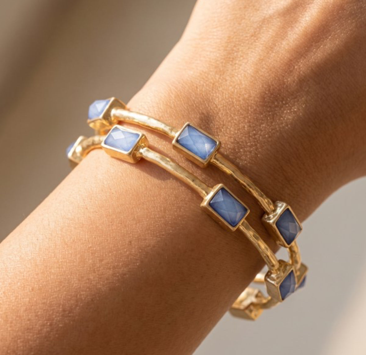 Set of Two Bezel Stone Hammered Gold Bangles