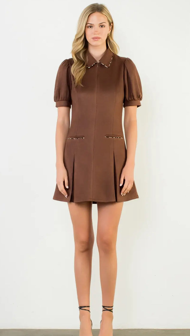 Brown Suede Dress with Leopard Piping