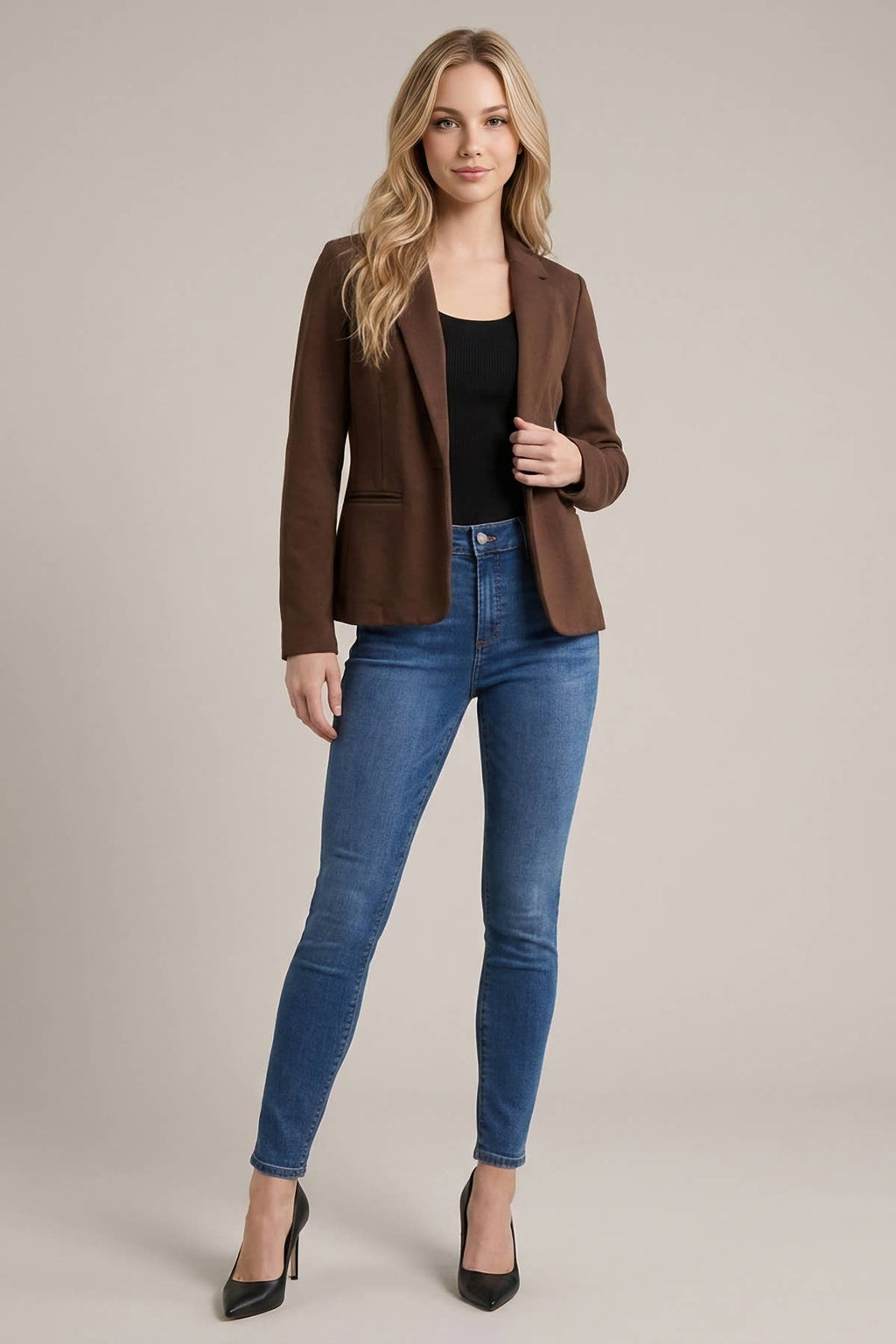Brown Classic Single-Button Tailored Blazer