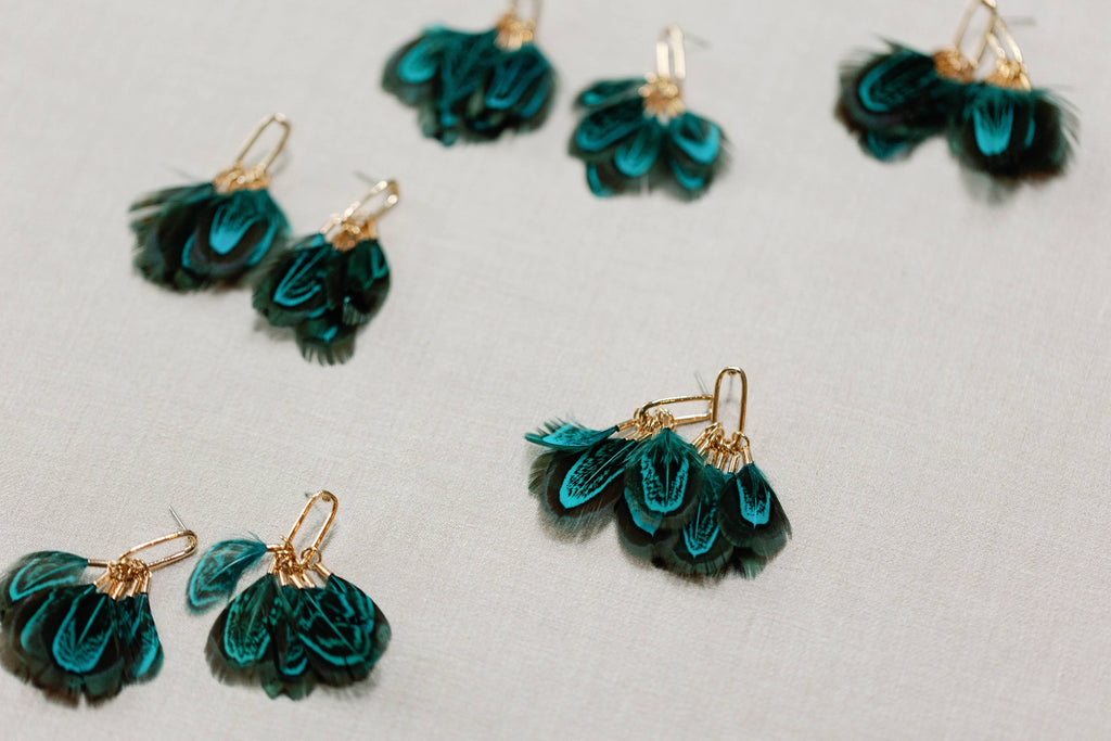 Emerald Peacock Feather Fall Statement Tassel Earrings