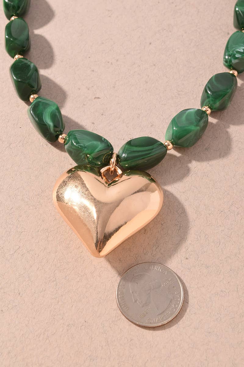 Marbled Resin Beaded Heart Pendant Statement Necklace