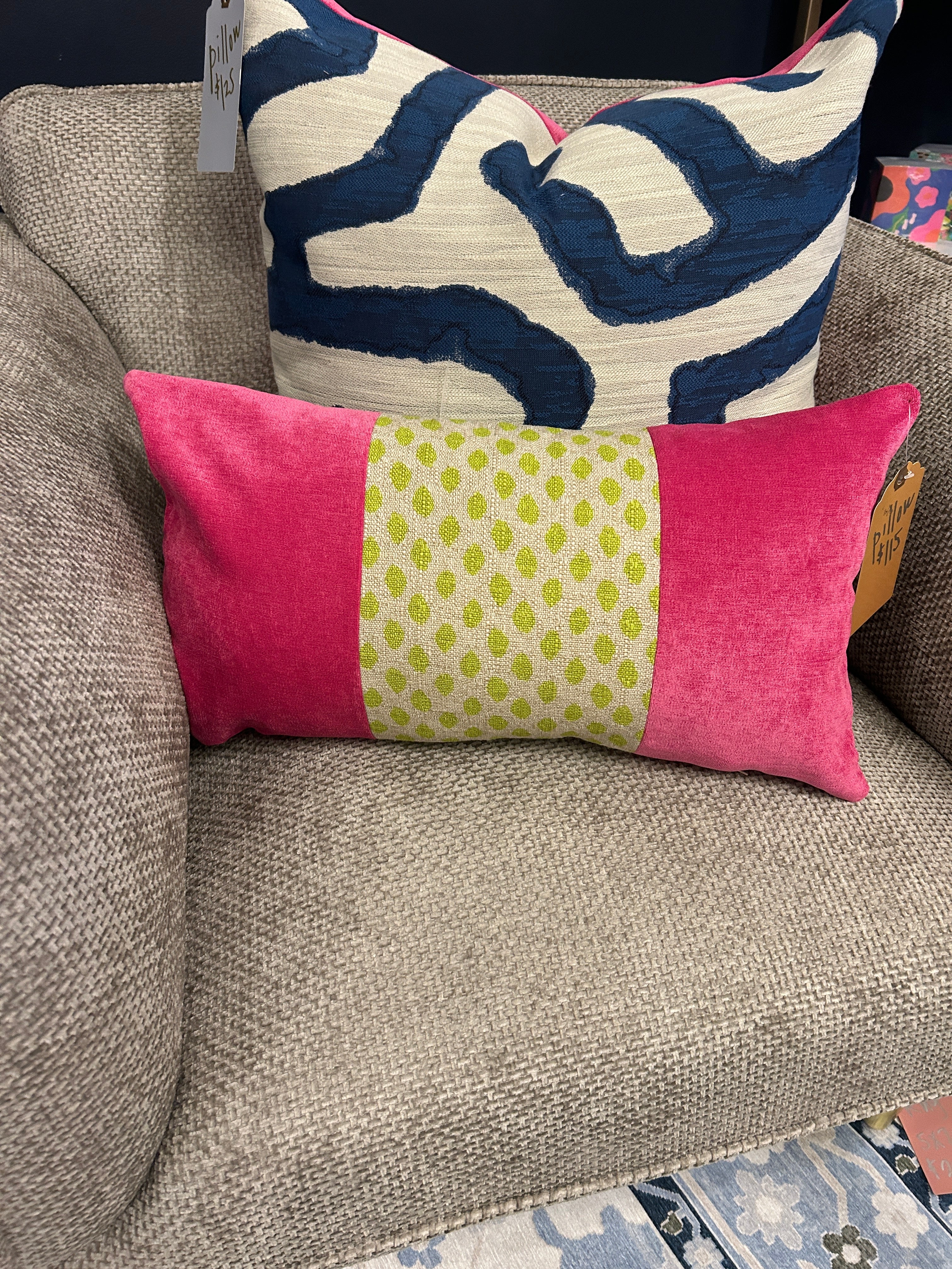 Throw Pillow - Pink Velvet with green tape