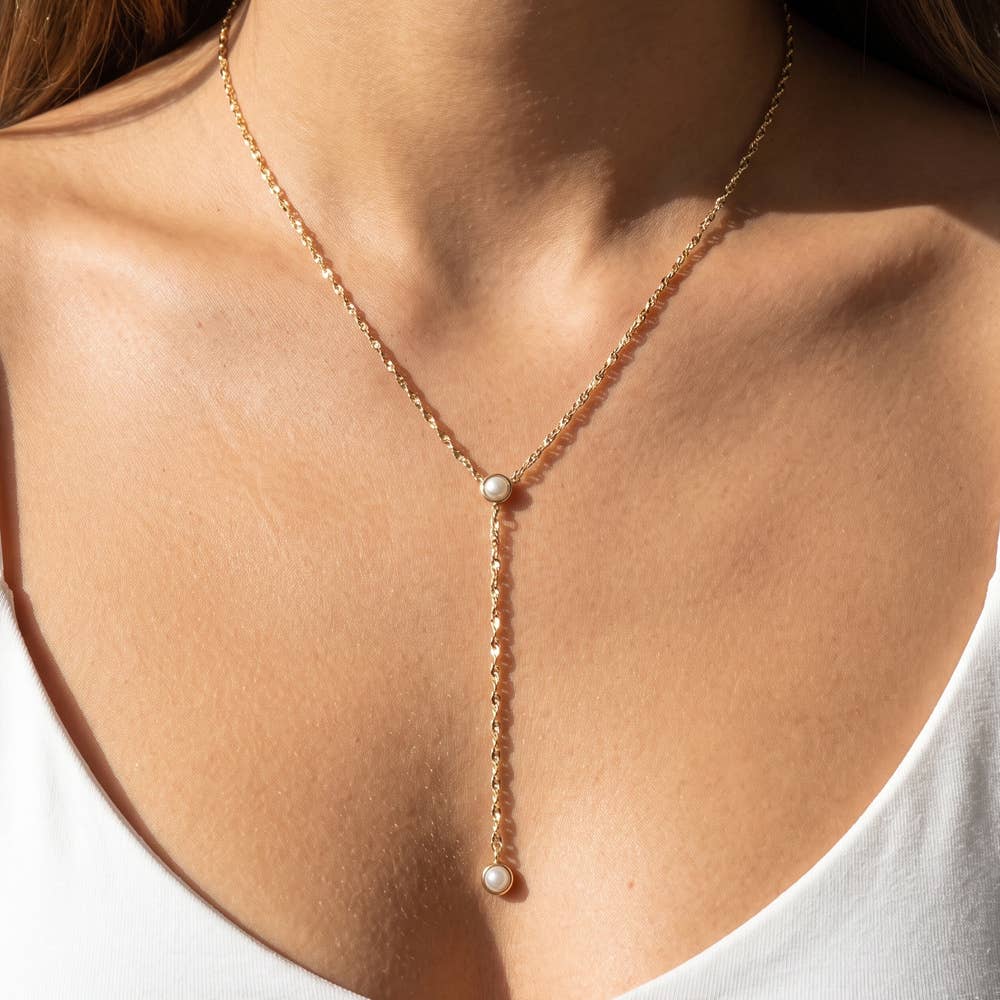 Mirror Chain Pearl Bezel Drop Y Necklace