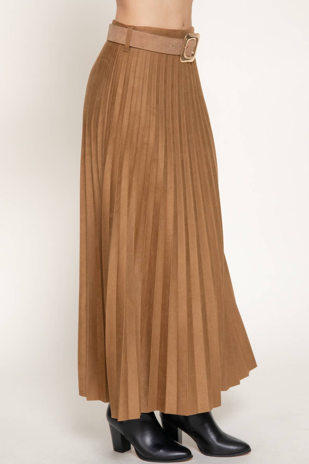 Caramel Belted Faux Suede Pleated Long Skirt