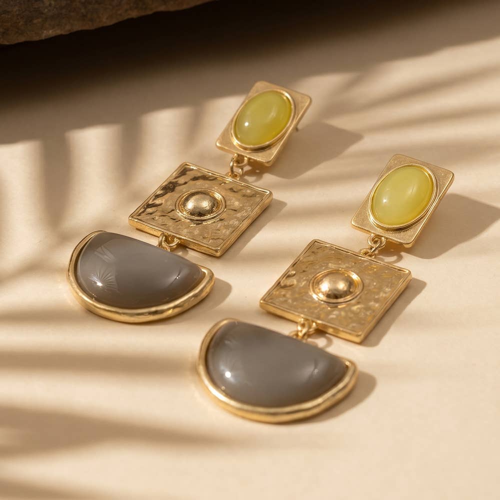Hammered Geometric Cabochon Drop Earrings