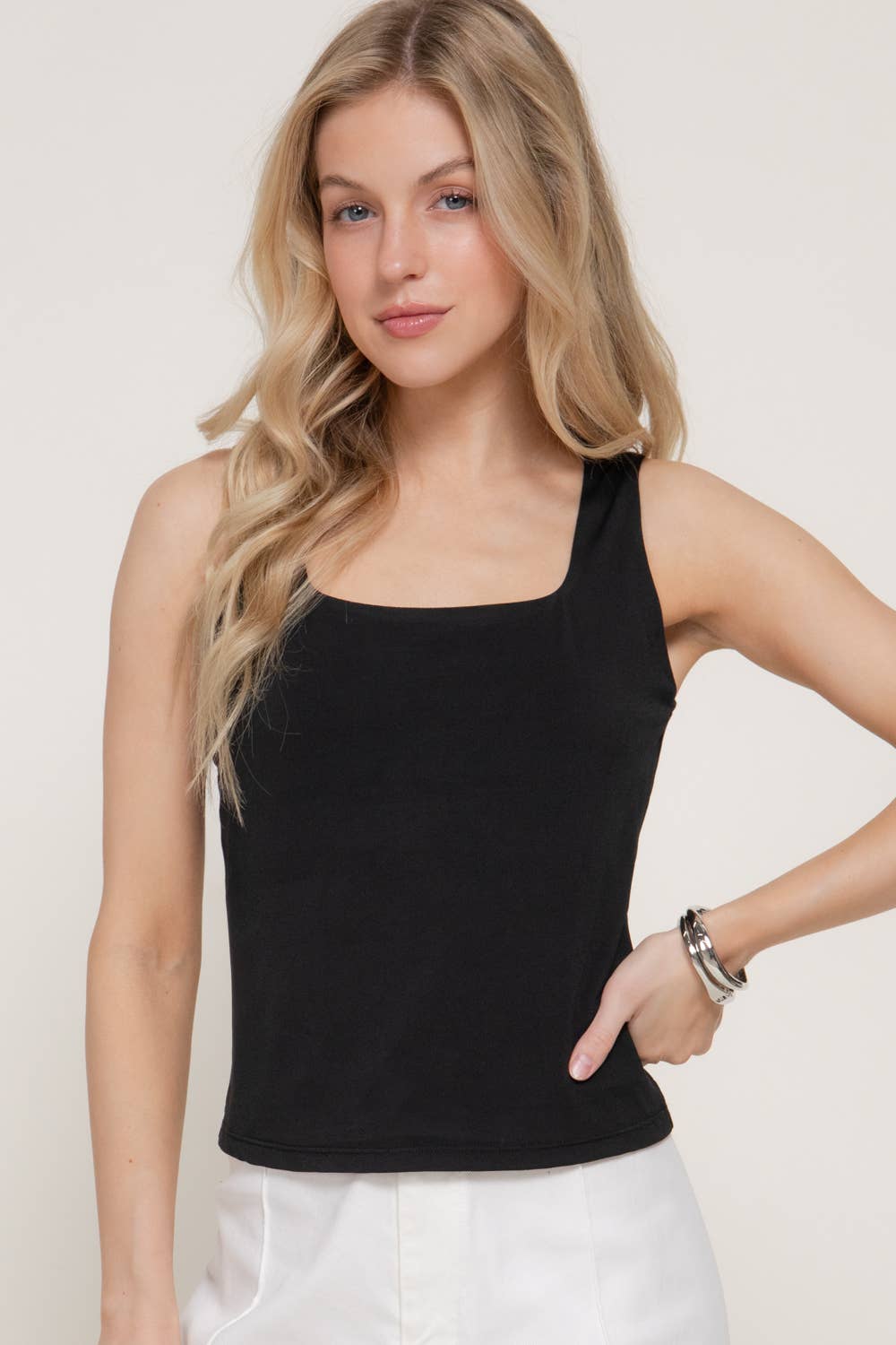 Black Sleeveless Square Neck Double Layer Knit Top