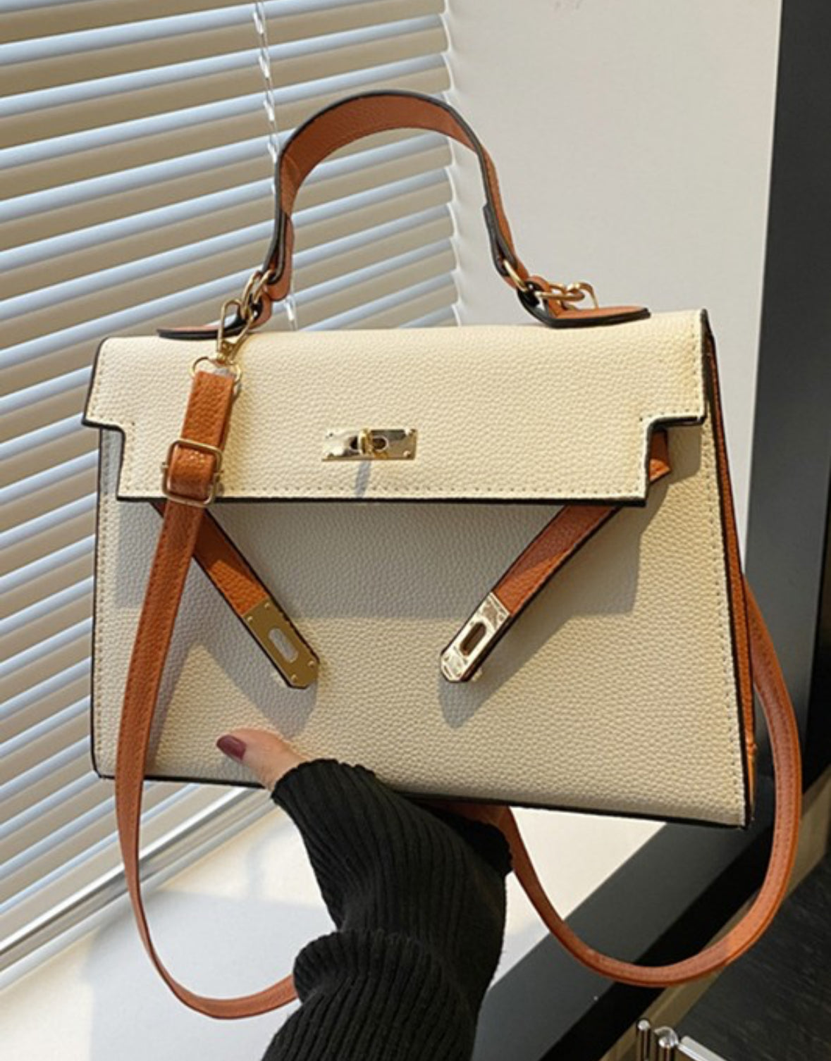 White/Camel Buckle Shoulder Bag