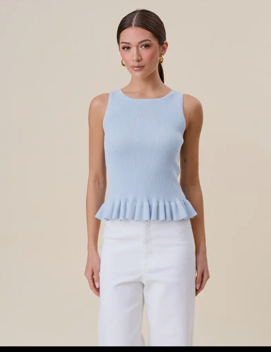 Blue Ruffle Ribbed Top