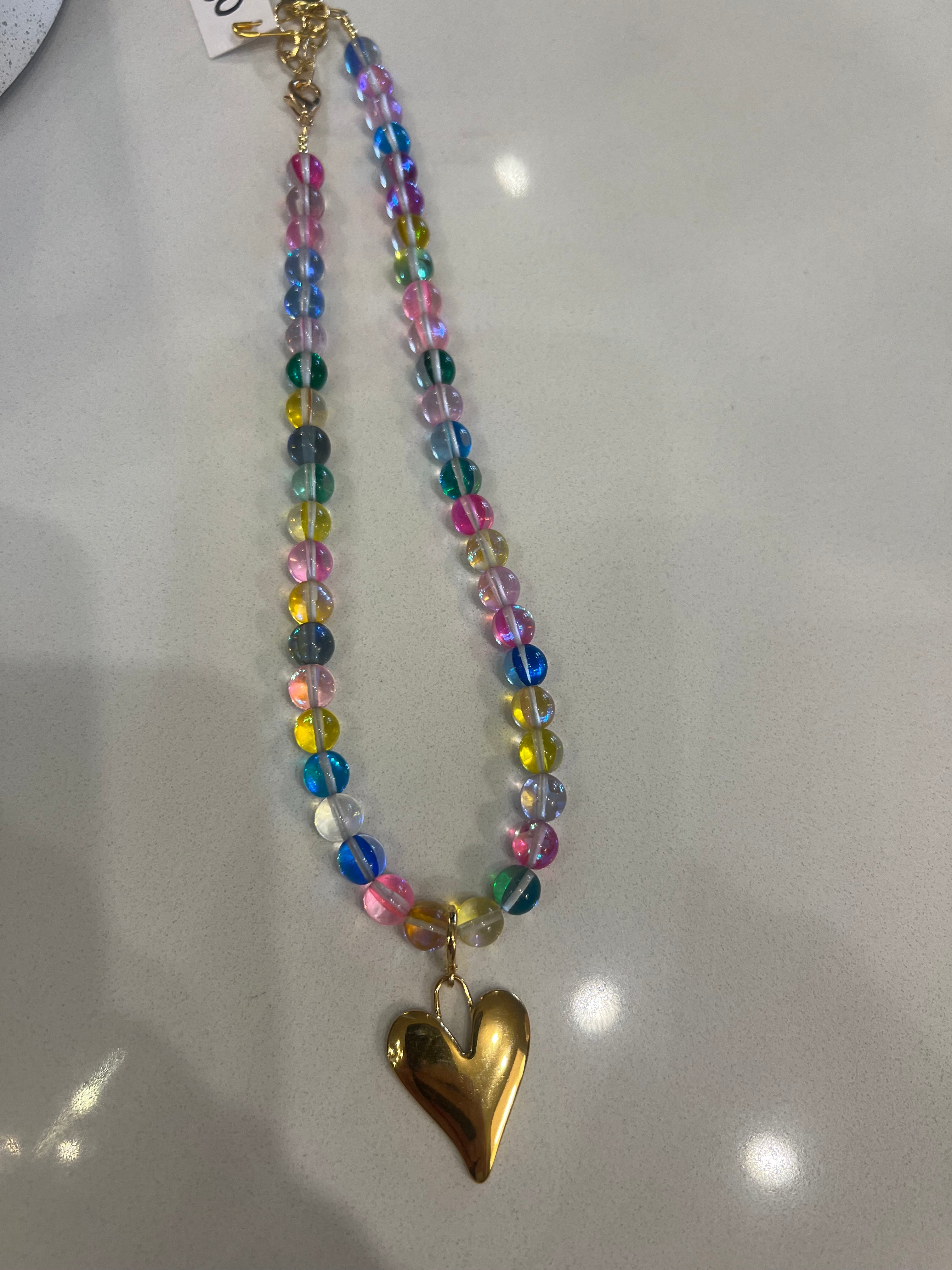 Nora James Multi-color Beaded Necklace with Gold Heart Charm