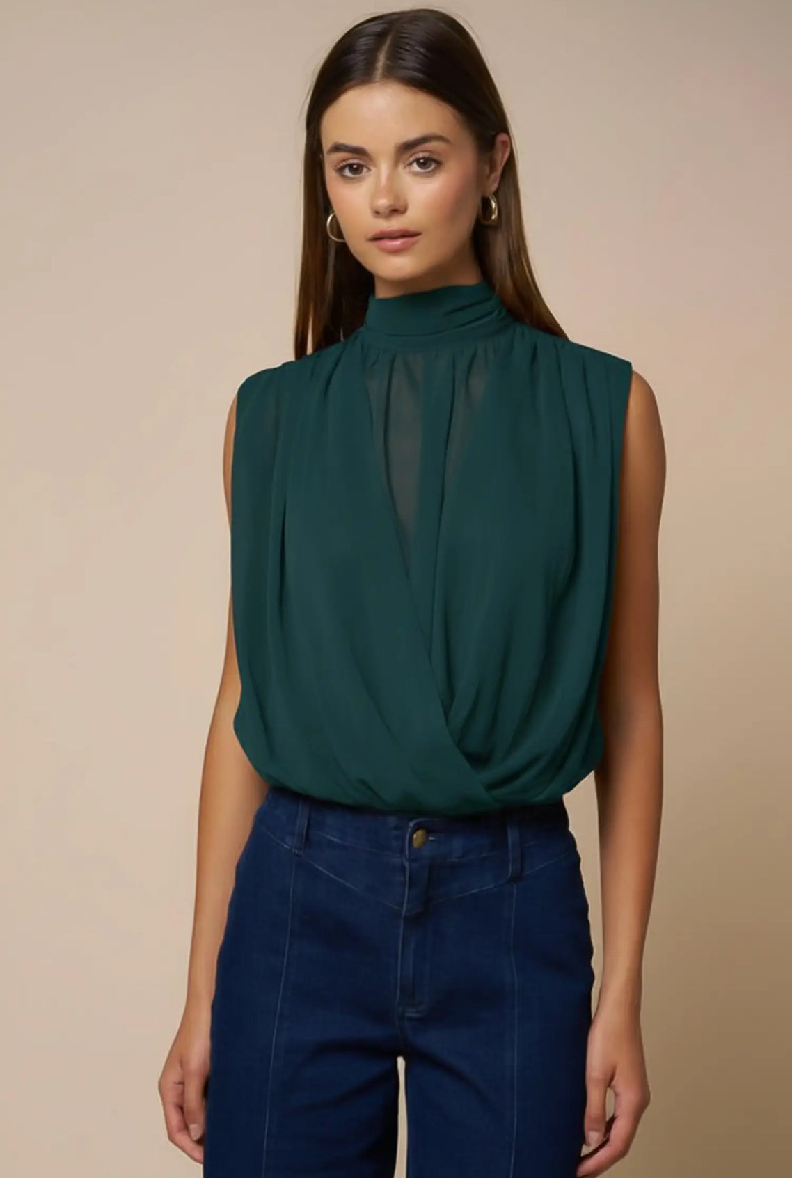 Green Draped Chiffon Mockneck Top