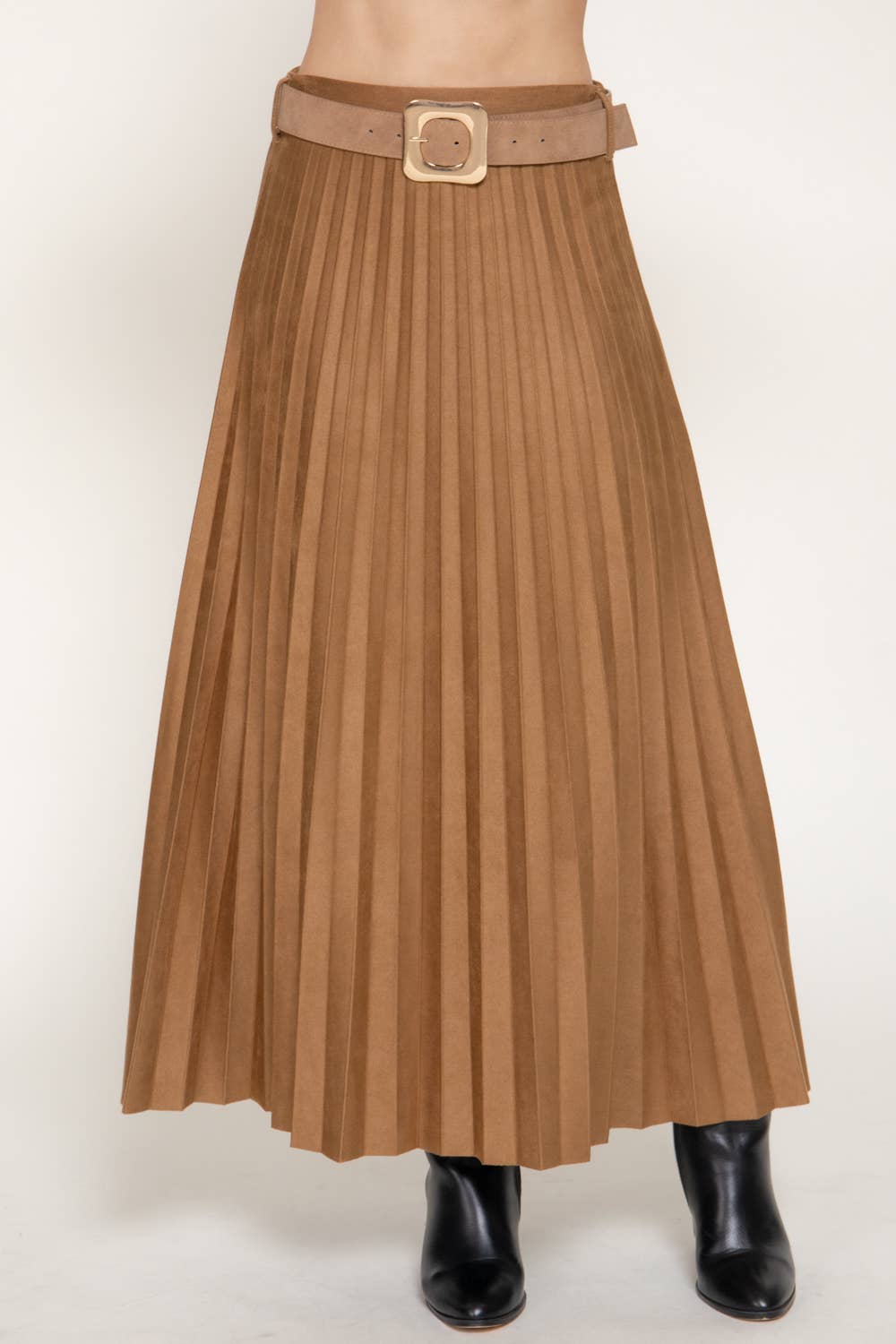 Caramel Belted Faux Suede Pleated Long Skirt