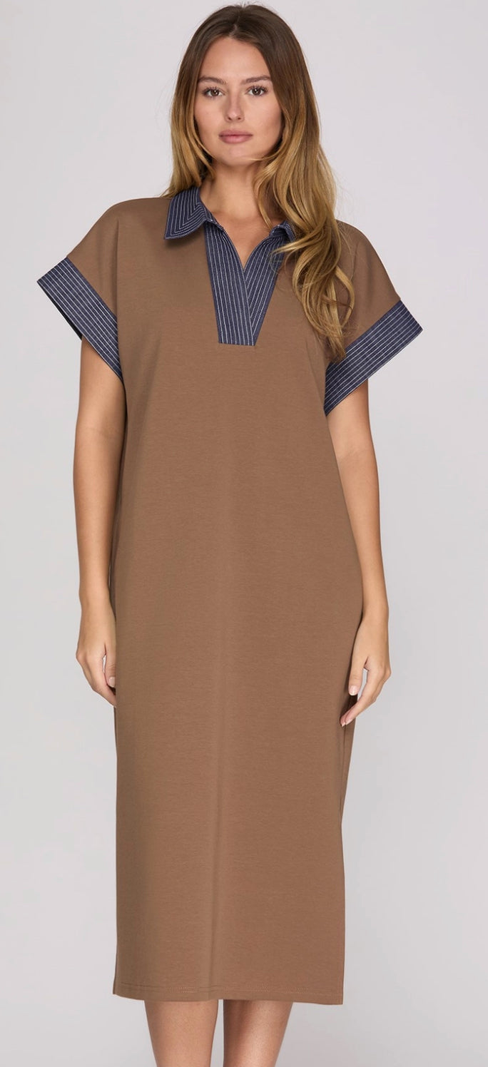 Brown Midi with Navy Striped Collar