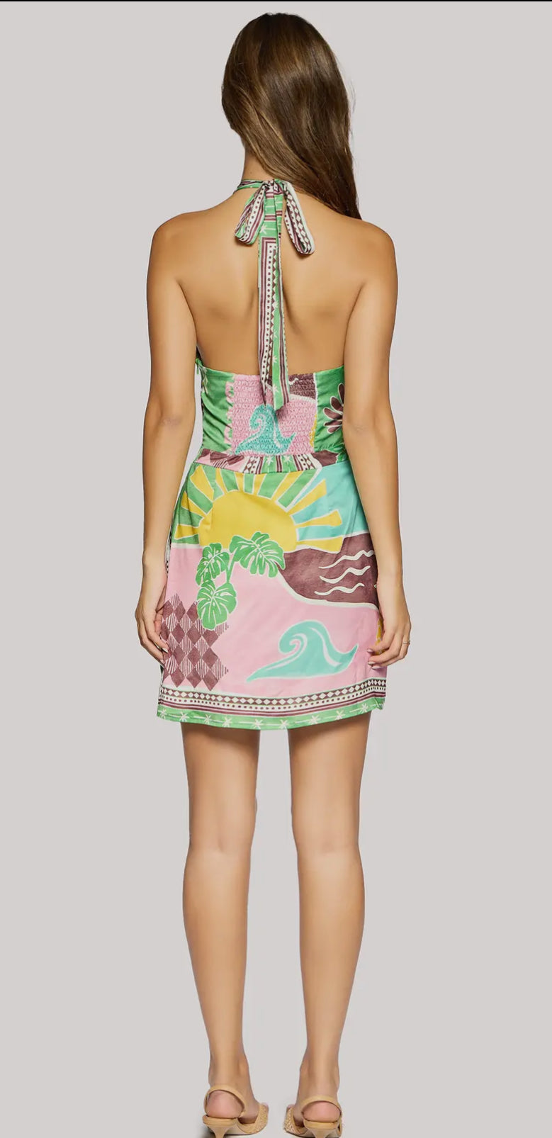 Island print halter dress