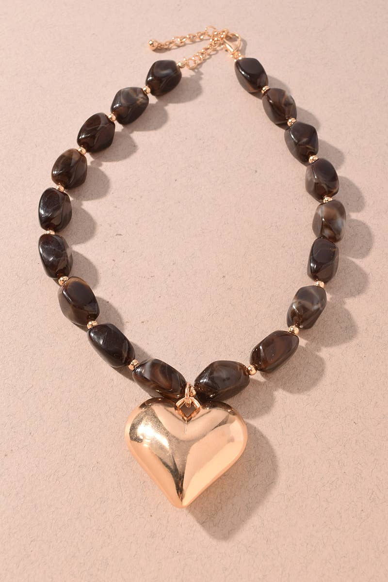 Marbled Resin Beaded Heart Pendant Statement Necklace