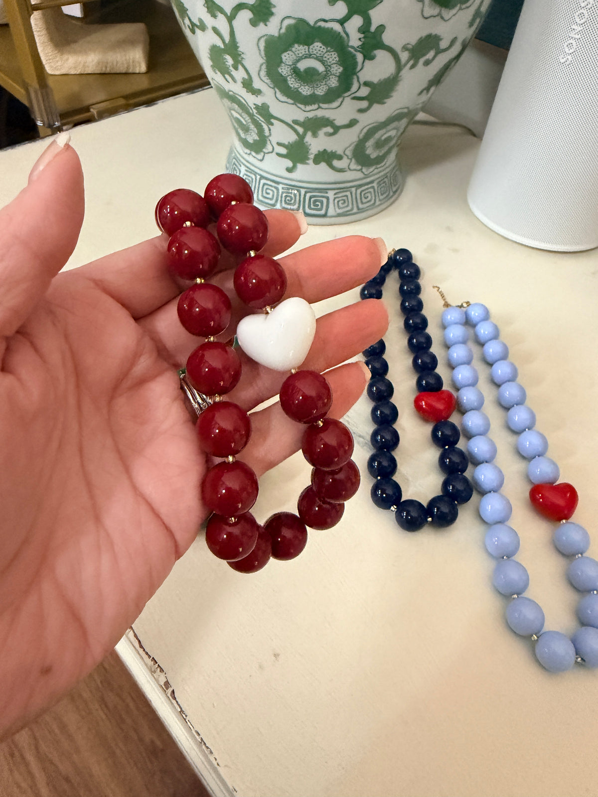 Burgundy and White Heart Beaded Necklace