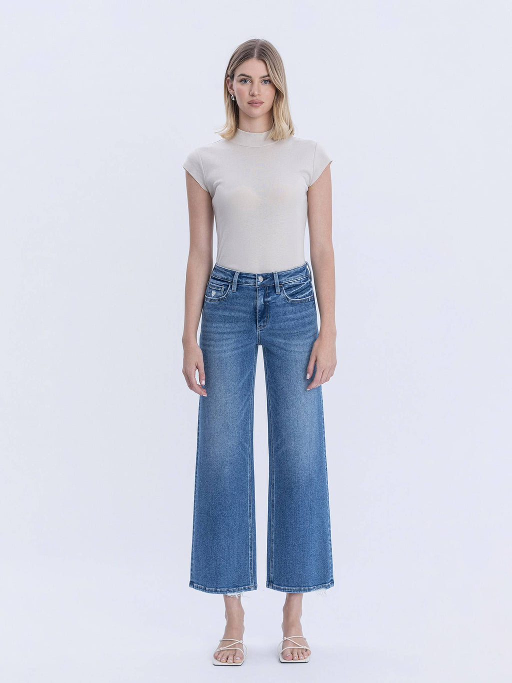 HIGH RISE MEDIUM WASH ANKLE WIDE JEANS