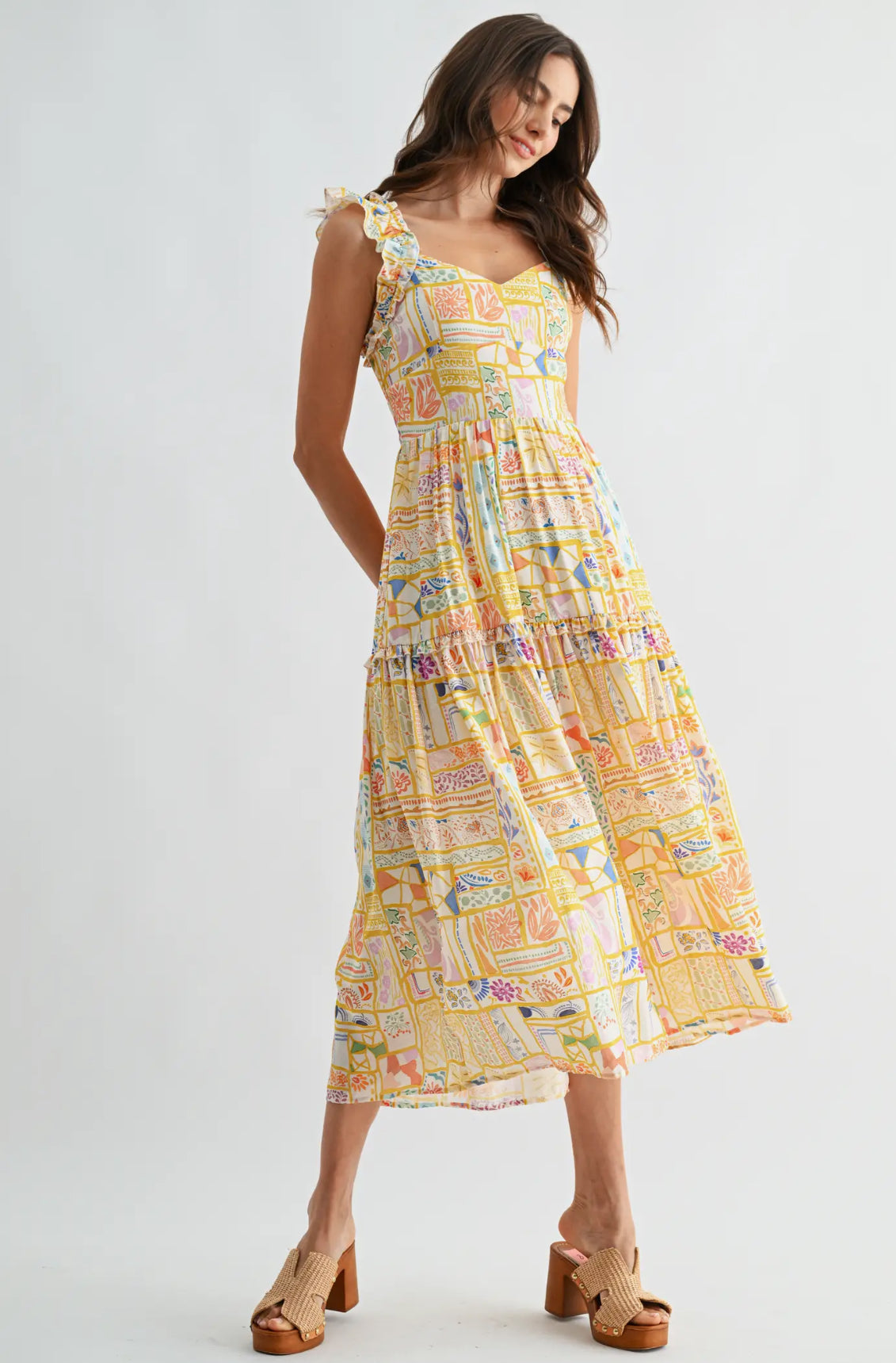 Yellow Patchwork Print Midi Dress