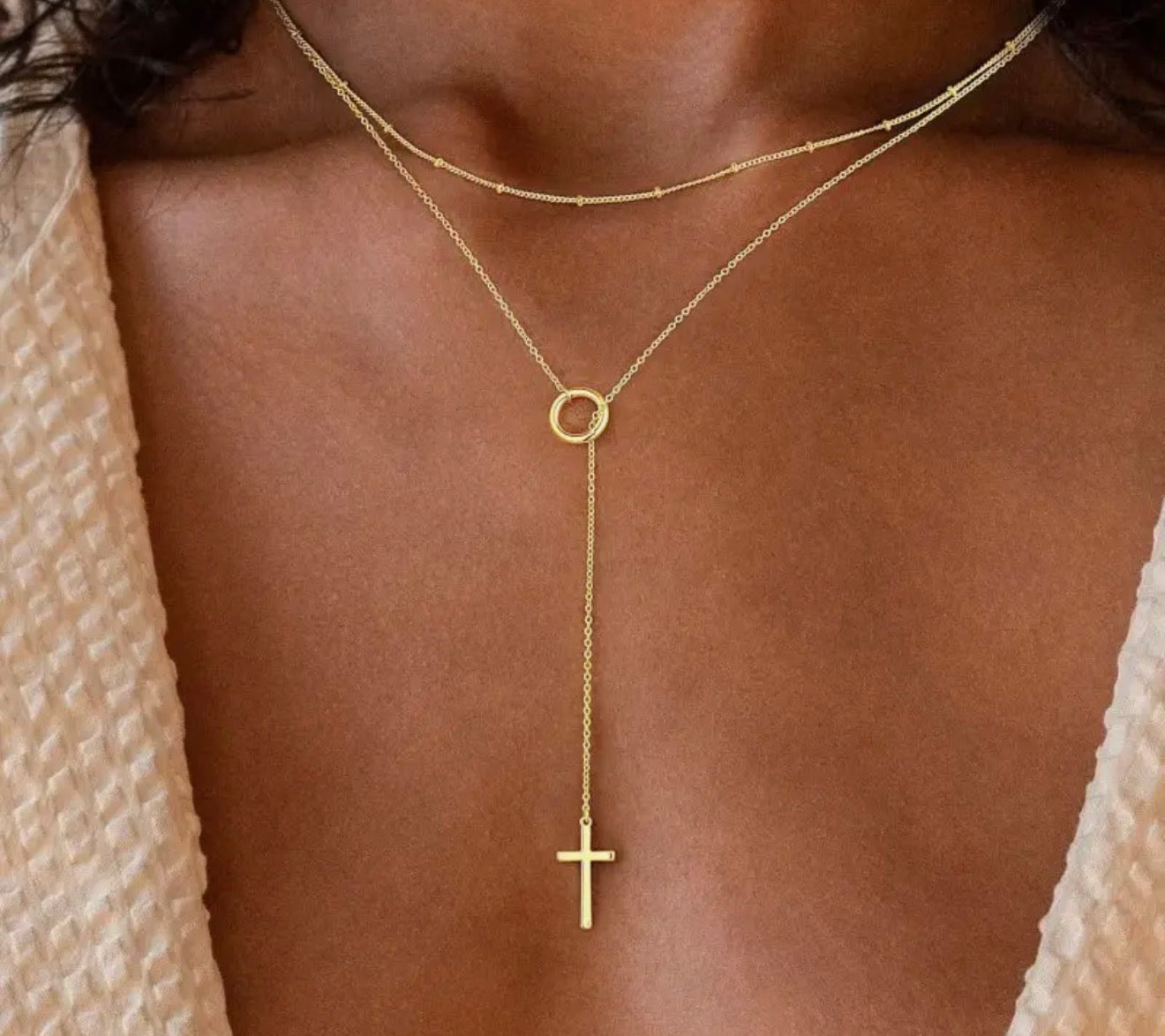 Cross lariat gold necklace