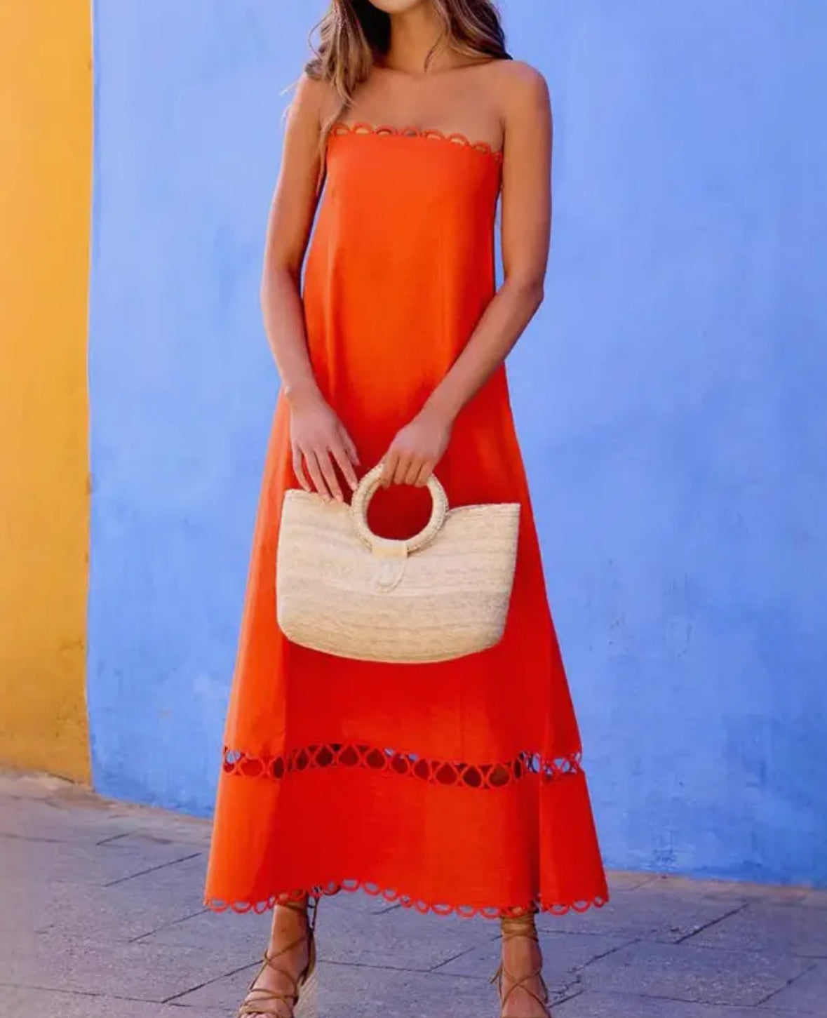 Orange Lace Tube Top Maxi Dress