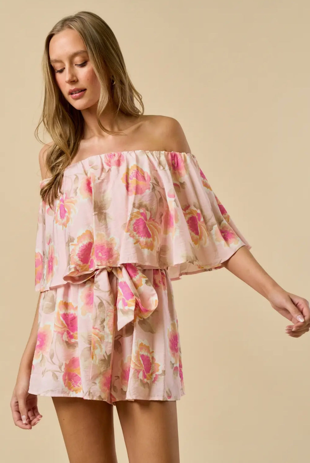 Pink Floral Off Shoulder Romper