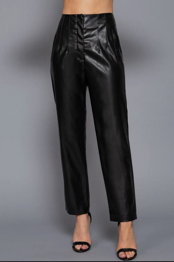 Black High Waist Faux Leather Long Pants
