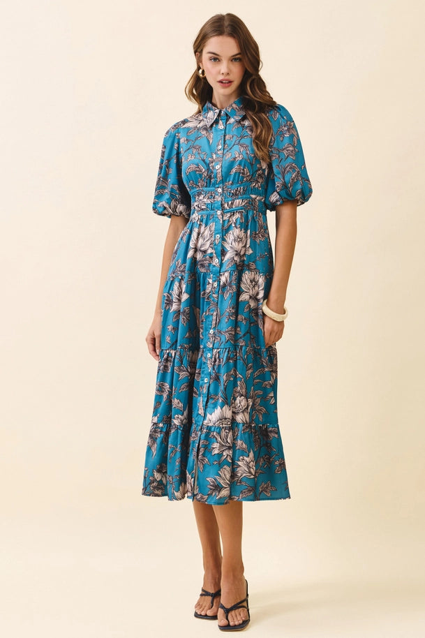 Blue Floral Print Midi Dress