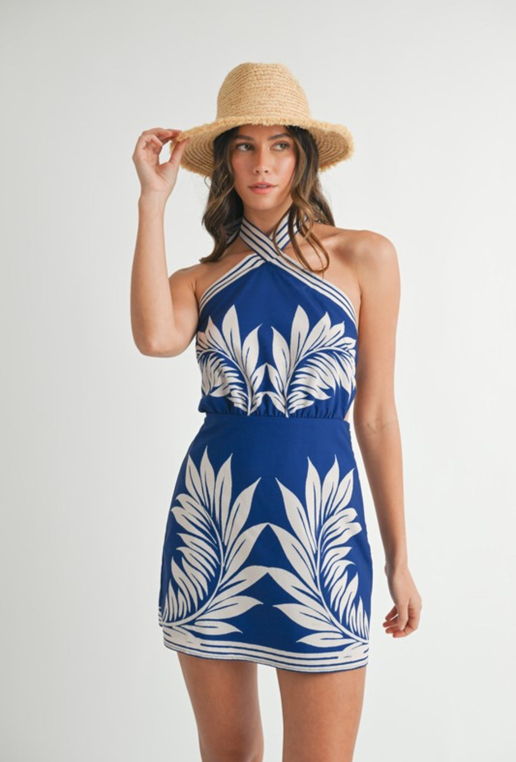 Blue Palm Halter Dress