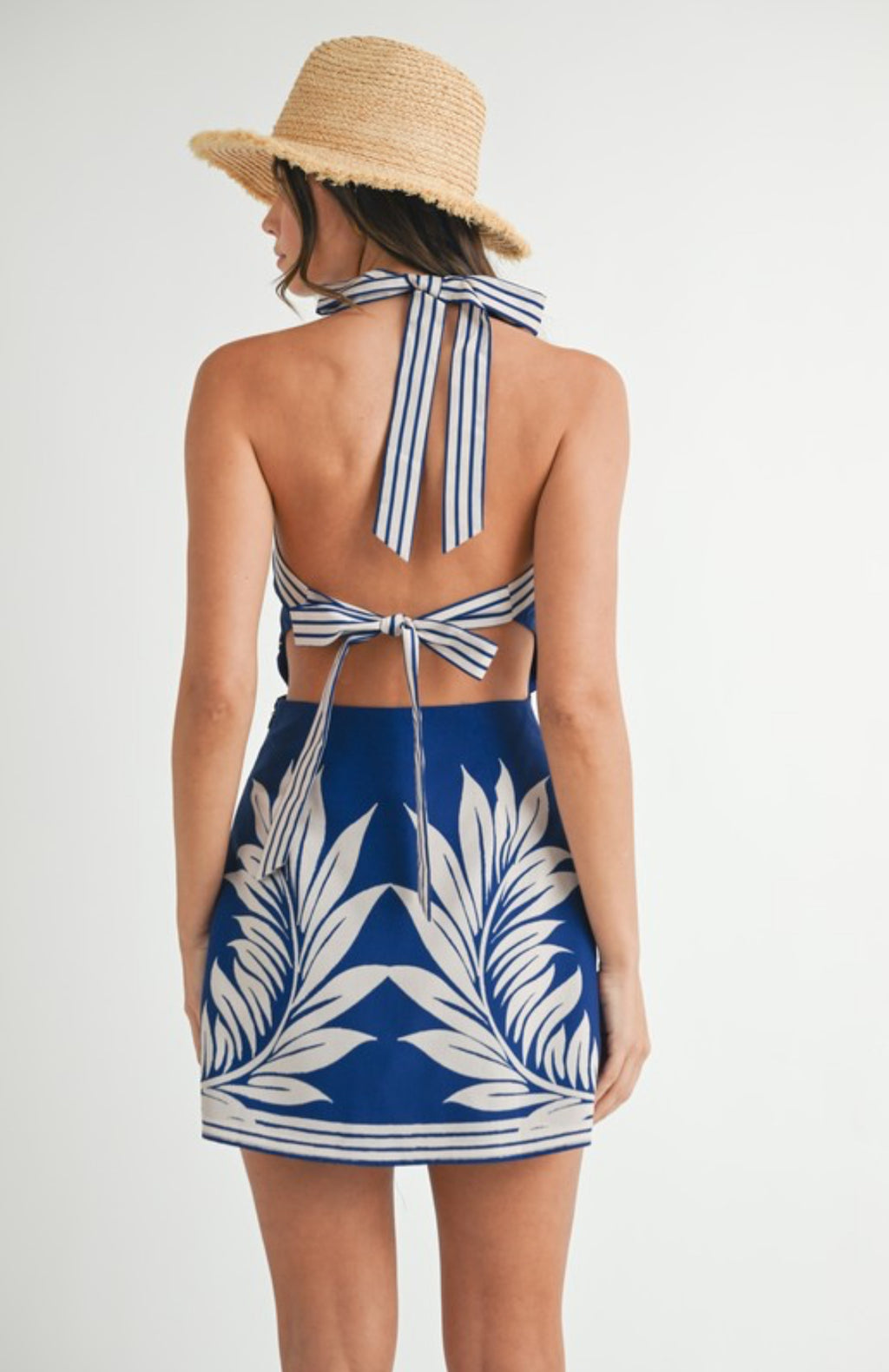 Blue Palm Halter Dress