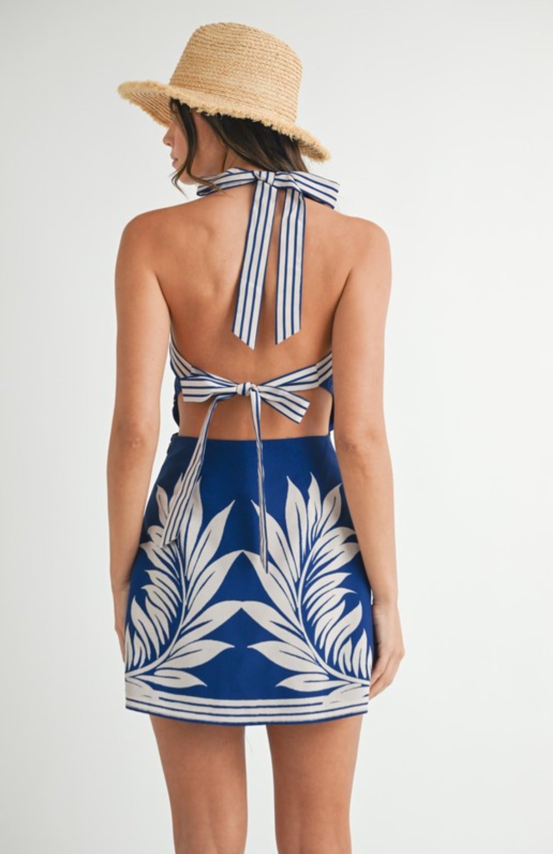Blue Palm Halter Dress